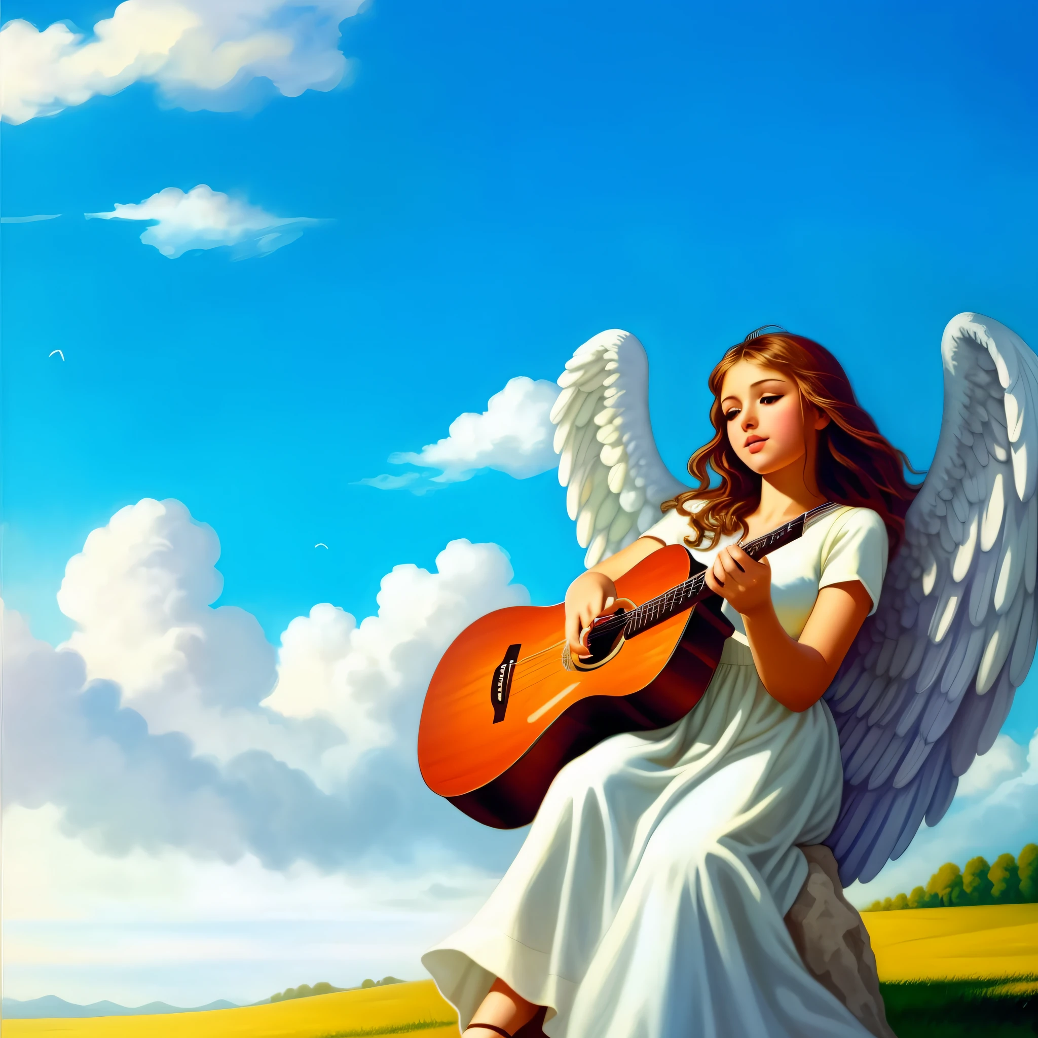 painting of a woman with a guitar in a field, of beautiful angel, background artwork, beautiful angel, of an beautiful angel girl, beautiful female angel, angel girl, angel, winged girl angel, angelical, angelic, girl with angel wings, super wide angel, angel sitting on a rock, wallpaper - 1 0 2 4, music album cover, wide angel