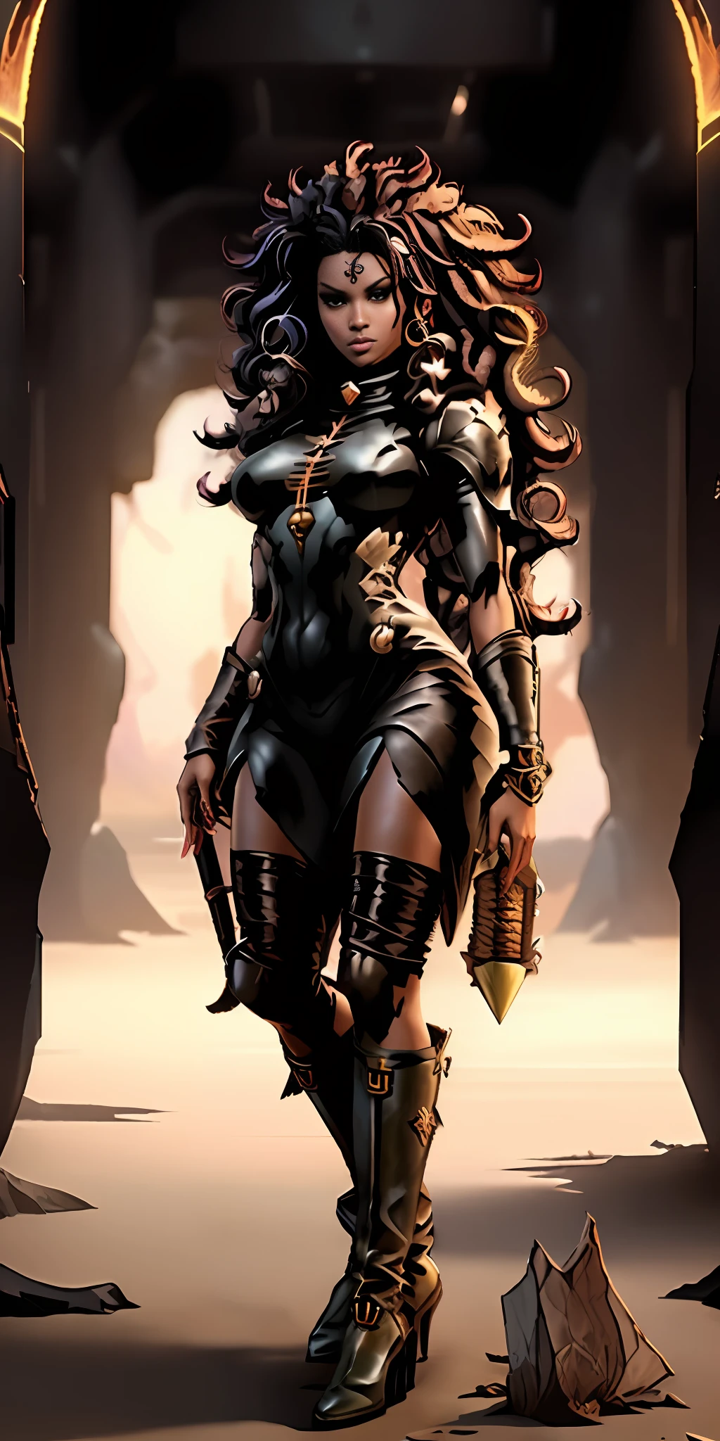 ((An attractive black-skinned woman with curly hair, model body)), (RPG witch), leather boots, RPG style, full body, standing in natural pose, transparent clothes, scenery of an abandoned and dark spaceship, GameStation style:1, ultra detailed, artstation, 4k resolution