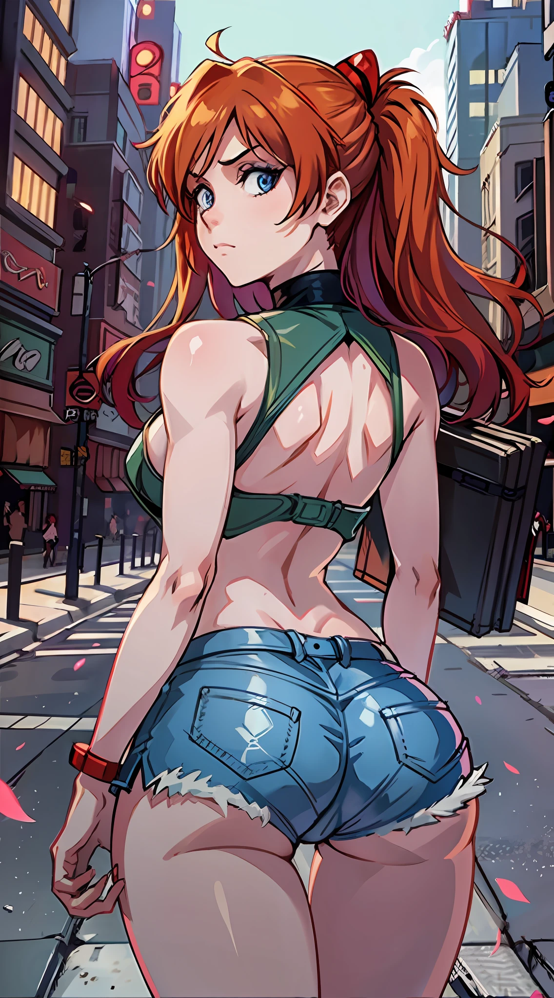 anime screencap, city, 1girl, solo, red hair, blue eyes, lustful, small breasts, closed mouth, ass, wide hips, short top, short shorts, unbuttoned shorts, walking, perfect legs, erotica, back