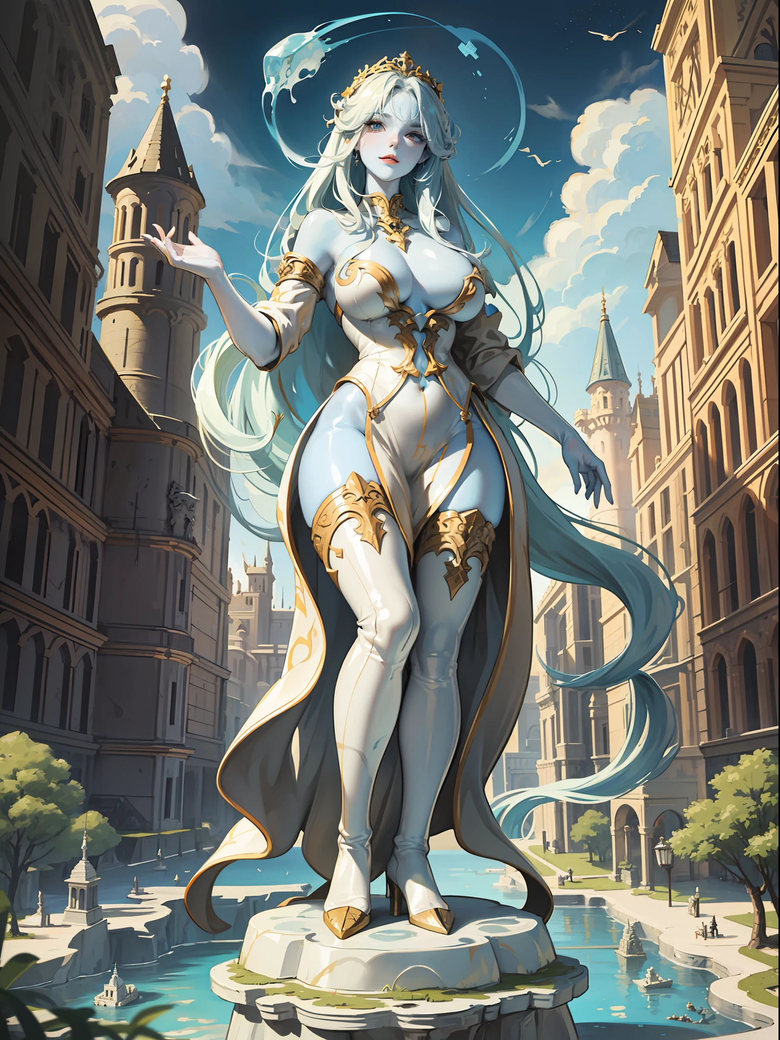 absurdres face, (full body), pedestal, 1girl, lone gorgeous heavy (((large immense giant:1.4))) (marble statue:1.6) of a standing goddess stepping onto a (((throng of shrunken down miniature city:1.3))), The statue should be at least 100 times taller than a mountain, (pretty detailed mean smirk:1.2), malicious ruby detailed eyes, looking at viewer (colorless skin:2.0), (marble clothes:1.0), marble hair:1.4, (marble thigh boots), miniature buildings, miniature landscape, miniature trees, miniature folks, miniature tiny boats, tiny towers, tiny castles, drastically shrunken-down castles,