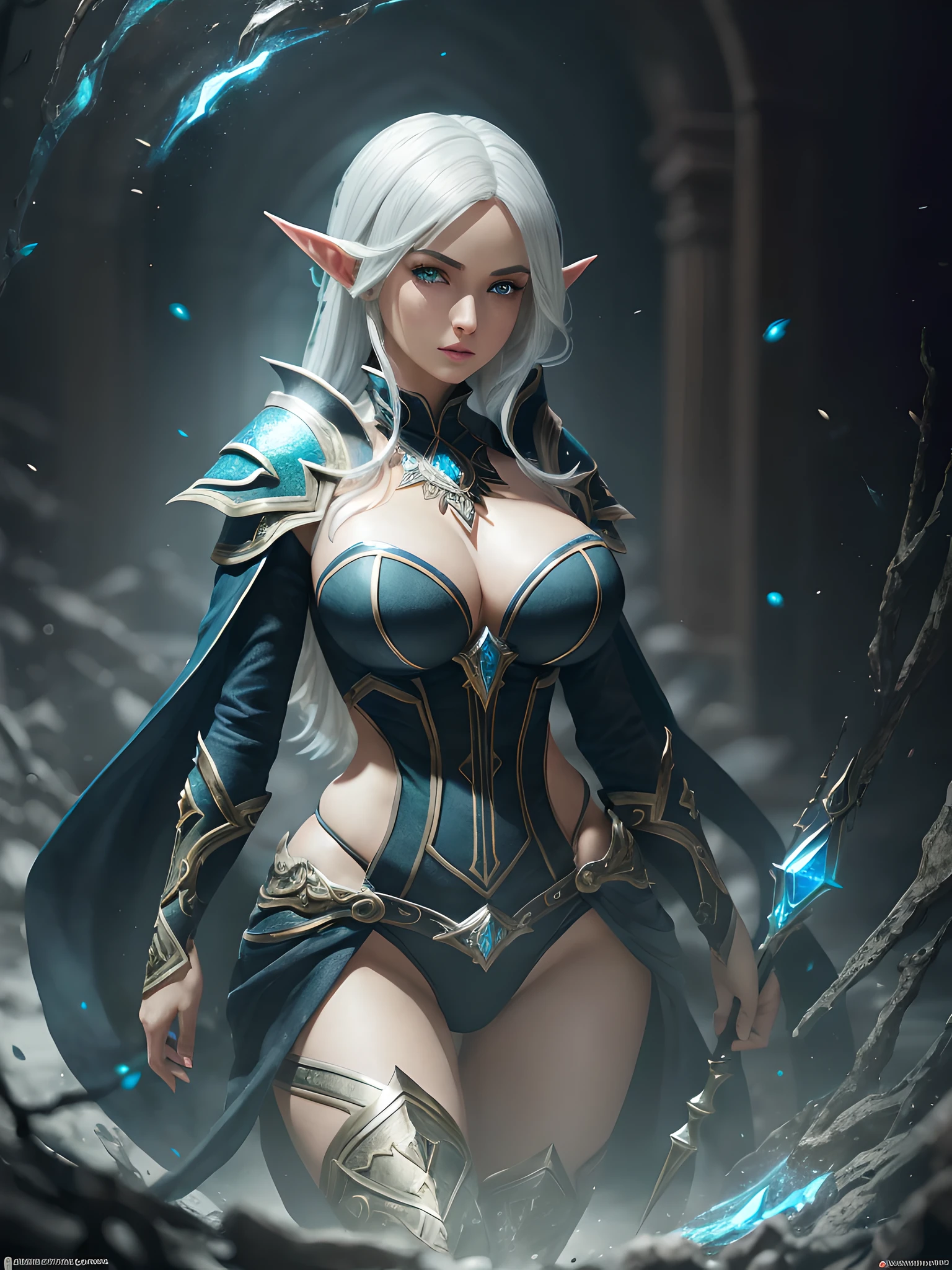 1girl, ((masterpiece, best quality, 4k, ultra-realistic, ultra detailed)), highly detailed RAW color Photo, ((beautiful female dark elf mage)), wearing black clothes, (curvy), (hourglass body, (huge breasts)), (wide hips), (blue eyes:1.2), (short white hair:1.2), (detailed skin), (detailed lips), (detailed eyes),(detailed face),  dynamic pose, in dark dungeon, dim lighting, sharp, extremely detailed, photorealistic, unity,  chromatic aberration, depth of field, soft lighting, intricate, (lens flare:0.7), (bloom:0.7), particle effects, raytracing, tone mapped, highly detailed, concept art, smooth, sharp focus, dramatic lighting, highly detailed artwork, cinematic, incredible shadows, (highly detailed background:1.2), (solo), full body,