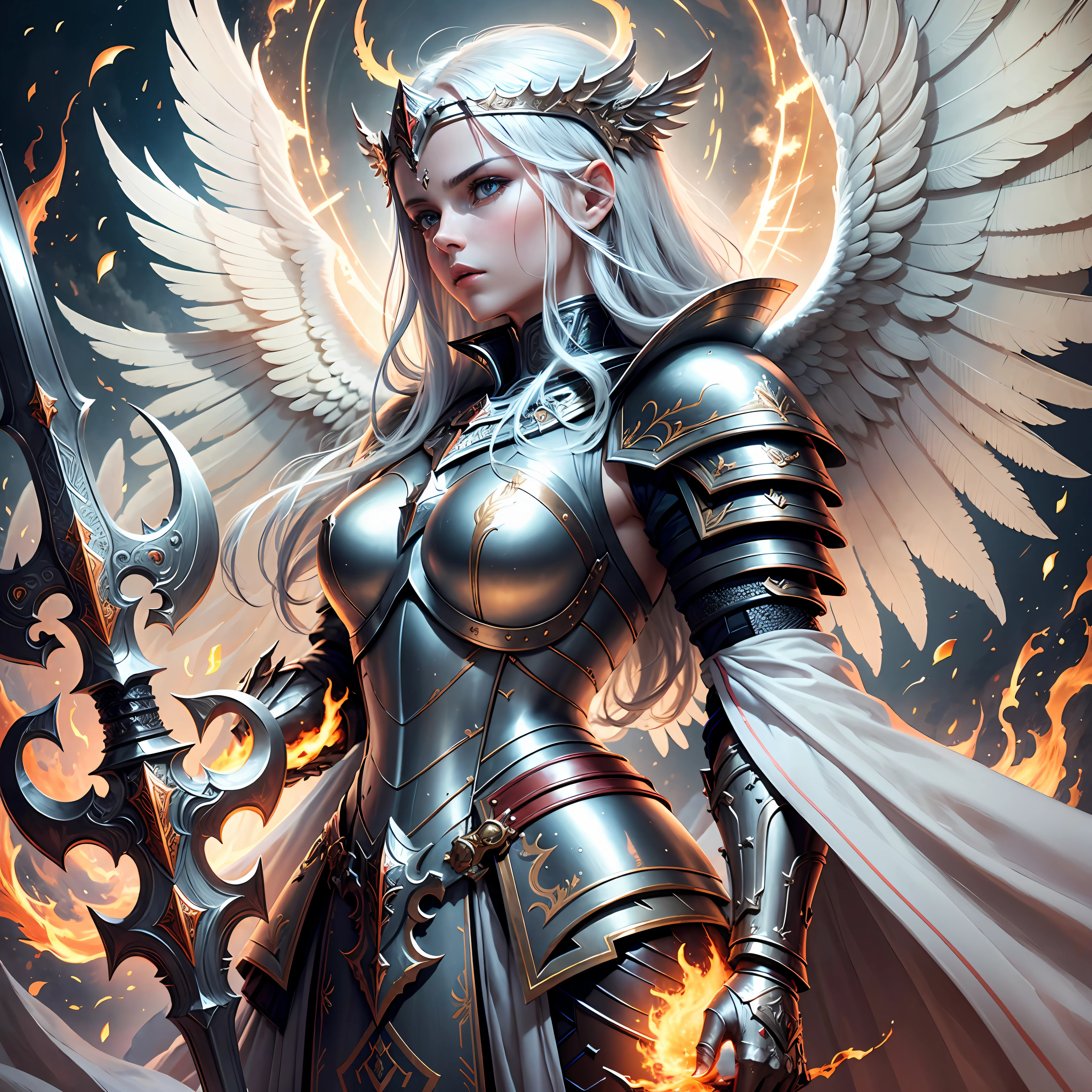 Guardian angel with armor, sword and the divine flame, amazing and striking image, very detailed and flawless, 4K definition, 3x4 format