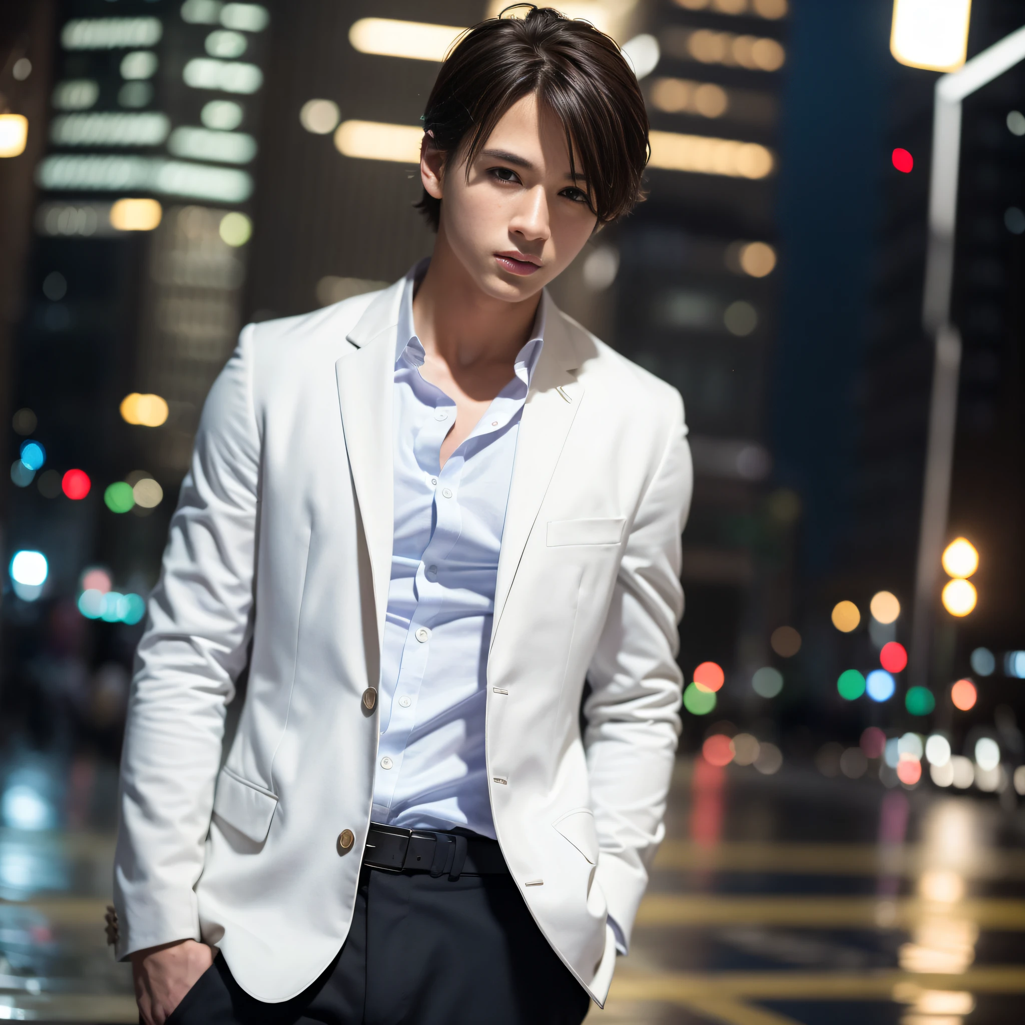 Casual pose, (extremely delicate and beautiful work), (masterpiece), 1boy, overbearing president, white shirt, high detail, suit, watch, cold expression, clear eyes, simple bokeh background, extreme detail depiction, handsome and compelling, super fine painting, delicate face, fine mix4, (8k, RAW photo, best quality, masterpiece: 1.2), (realistic, realistic: 1.37), 1boy, handsome, cityscape, (((night))), rain, wet, professional lighting, photon mapping, radiosity, physically-based rendering,