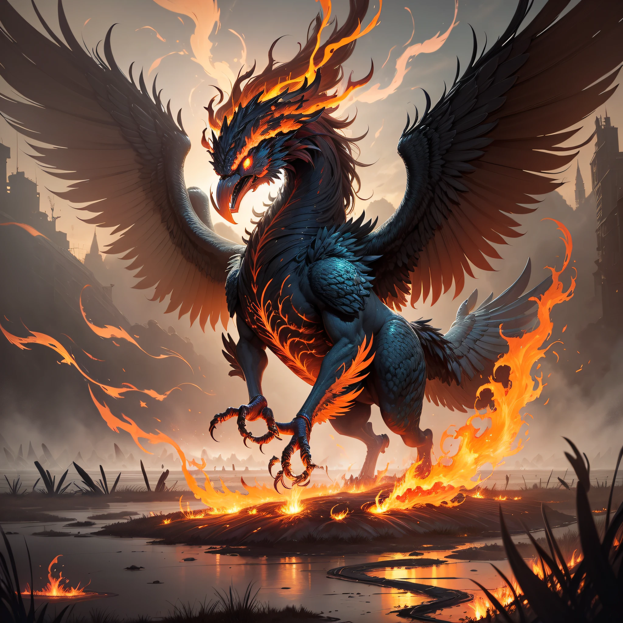 an energy-cooling, flaming phoenix flying over a swamp with an army on the ground and lots of fog --auto --s2