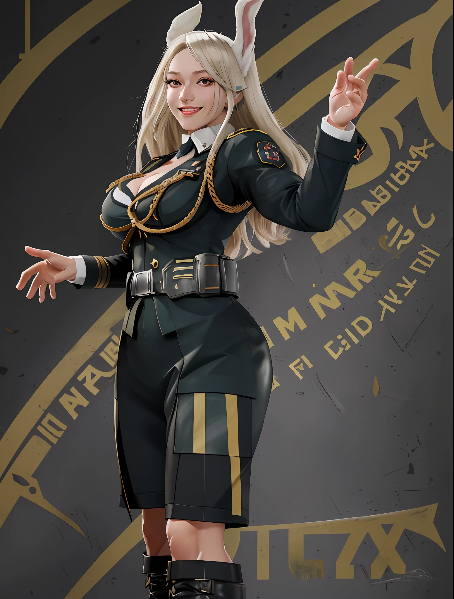Sexy Mirko from My Hero Academia as a bunnygirl military officer waifu, Azure Lane, trending anime realism on Pixiv, sfw, kawaii, military outfit, high rank soldier, beautiful make-up, eyeshadow, lipstick, full lips, wide hips, shiny skin, breasts covered in baby oil, exposed breasts, in office, WWII, crazy smile, dictator, military leader of the German Military in World War 2, sinister beauty, Third Reich, German military officer waifu, Photorealistic, highly detailed, hyperrealism, ray tracing, high quality vector, high resolution, bunnygirl military Waifu, large breasts, hentai, lewd, 2 bunny ears, 1 girl
