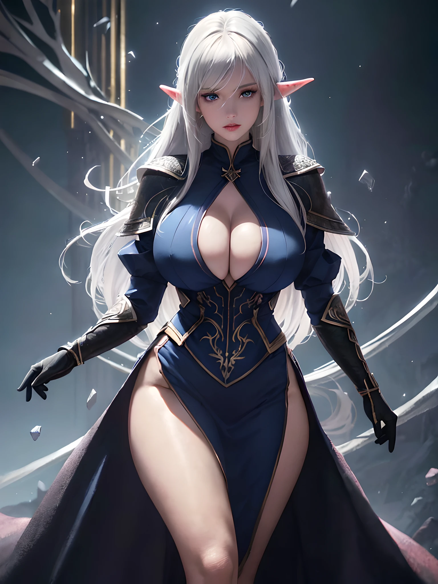 1girl, ((masterpiece, best quality, 4k, ultra-realistic, ultra detailed)), highly detailed RAW color Photo, ((beautiful female dark elf mage)), wearing black clothes, (curvy), (hourglass body, (huge breasts)), (wide hips), (blue eyes:1.2), (short white hair:1.2), (detailed skin), (detailed lips), (detailed eyes),(detailed face),  dynamic pose, in dark dungeon, dim lighting, sharp, extremely detailed, photorealistic, unity,  chromatic aberration, depth of field, soft lighting, intricate, (lens flare:0.7), (bloom:0.7), particle effects, raytracing, tone mapped, highly detailed, concept art, smooth, sharp focus, dramatic lighting, highly detailed artwork, cinematic, incredible shadows, (highly detailed background:1.2), (solo), full body,