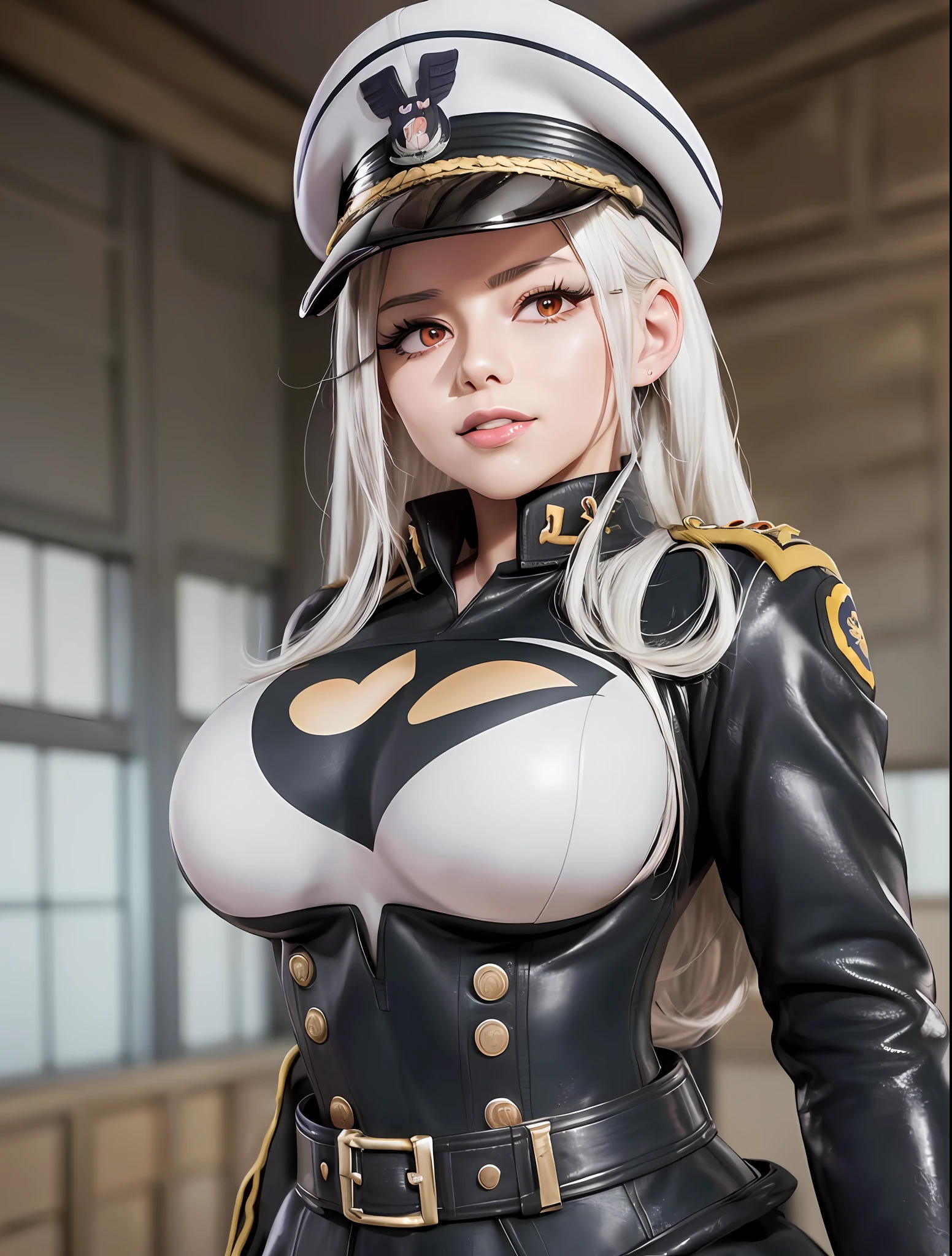 Sexy Mirko from My Hero Academia as a bunnygirl military officer waifu, Azure Lane, trending anime realism on Pixiv, sfw, kawaii, military outfit, high rank soldier, beautiful make-up, eyeshadow, lipstick, full lips, wide hips, shiny skin, breasts covered in baby oil, exposed breasts, in office, WWII, crazy smile, dictator, military leader of the German Military in World War 2, sinister beauty, Third Reich, German military officer waifu, Photorealistic, highly detailed, hyperrealism, ray tracing, high quality vector, high resolution, bunnygirl military Waifu, large breasts, hentai, lewd, 2 bunny ears, 1 girl