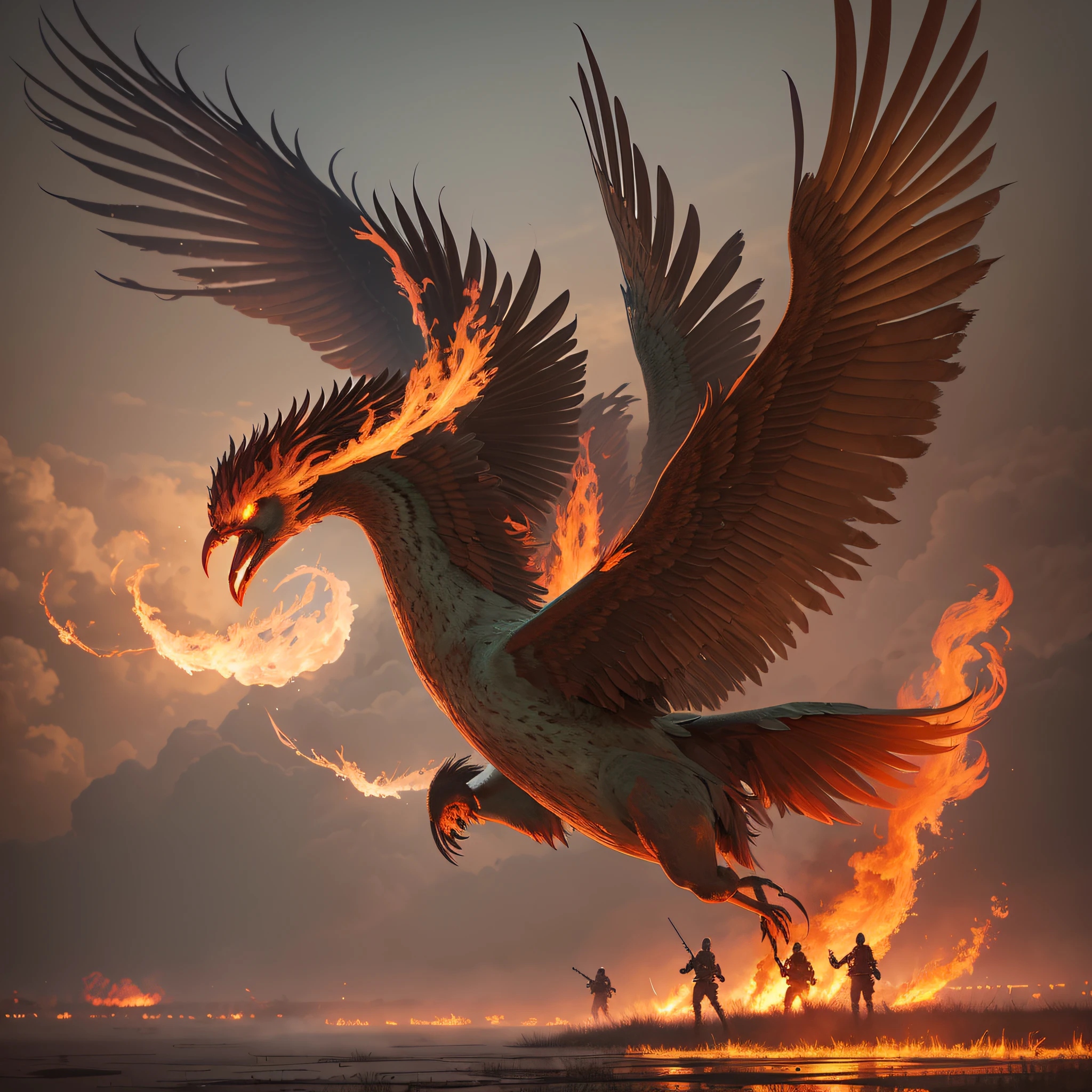 A flaming phoenix flying over a swamp with an army on the ground and lots of fog --auto --s2