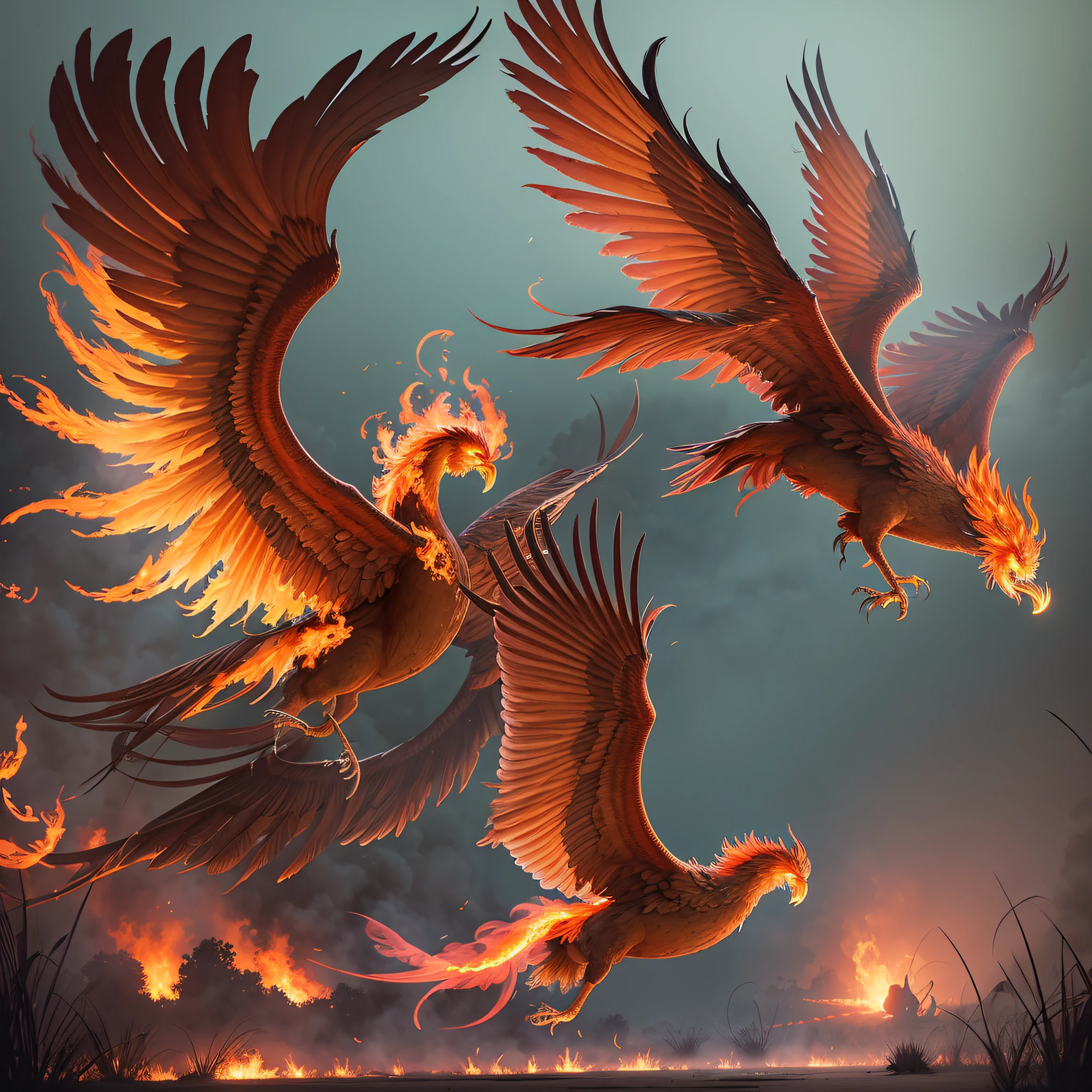 A flaming phoenix flying over a swamp with an army on the ground and lots of fog --auto --s2