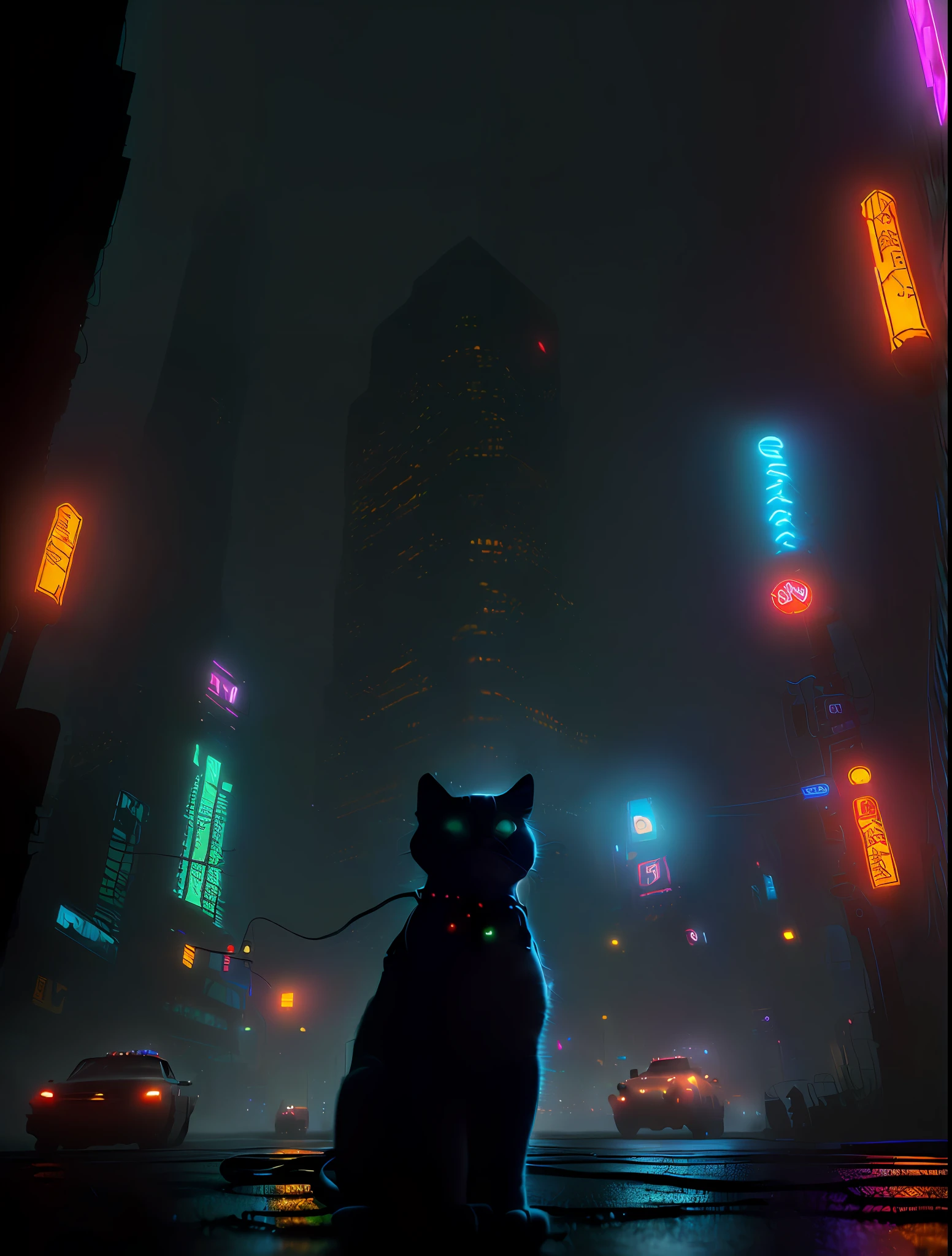 best quality++, masterpiece++, ultra realistic++, night++, RAW,, cinematic movie still from ghostbusters movie, futuristic robot cat, cyberpunk aesthetic, gears, wires, cute steam-powered cat, intricate details, dynamic angle, professional, dynamic cinematic lighting, neon edge lighting, intense fog, absurd horror, Stephen king style