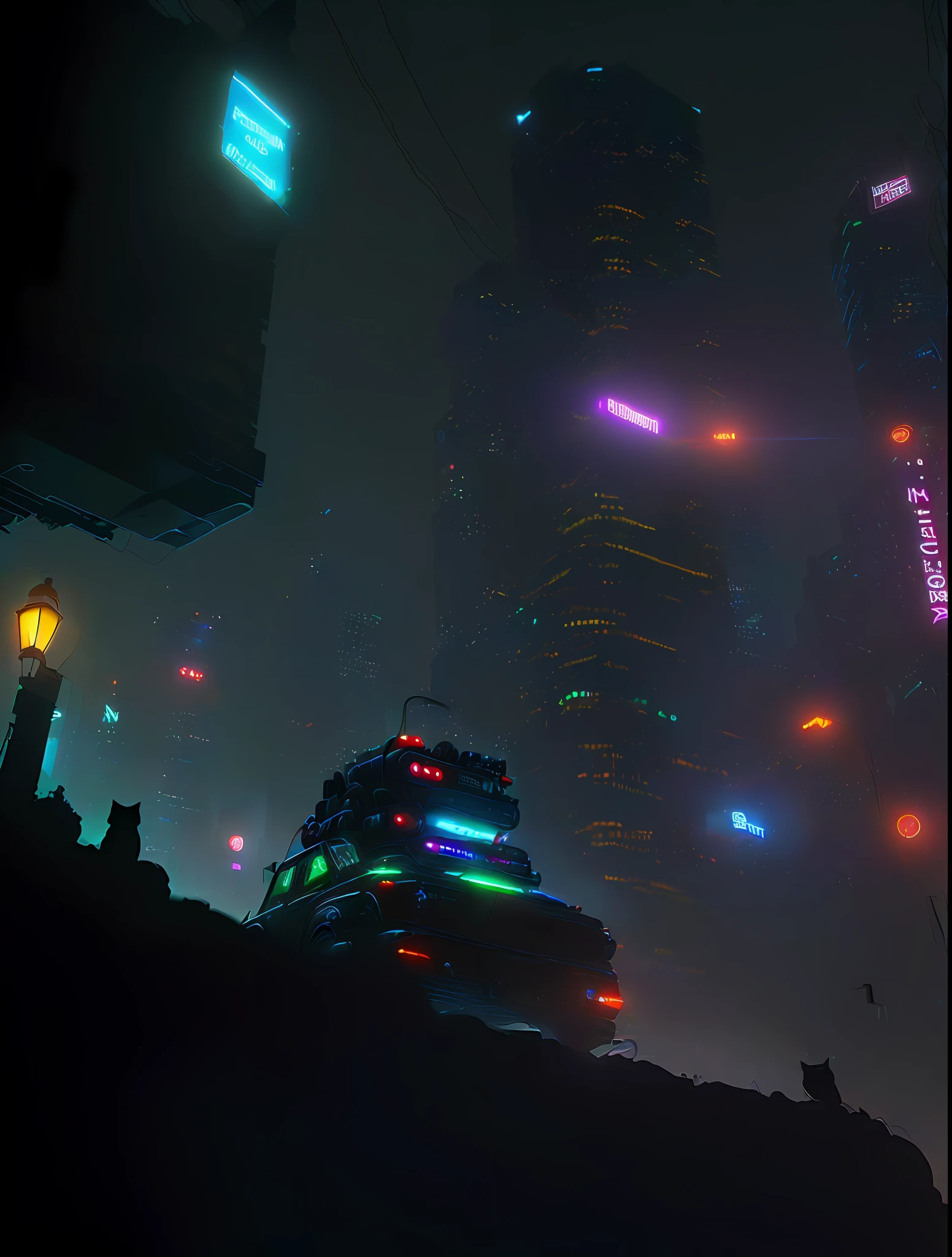 best quality++, masterpiece++, ultra realistic++, night++, RAW,, cinematic movie still from ghostbusters movie, futuristic robot cat, cyberpunk aesthetic, gears, wires, cute steam-powered cat, intricate details, dynamic angle, professional, dynamic cinematic lighting, neon edge lighting, intense fog, absurd horror, Stephen king style