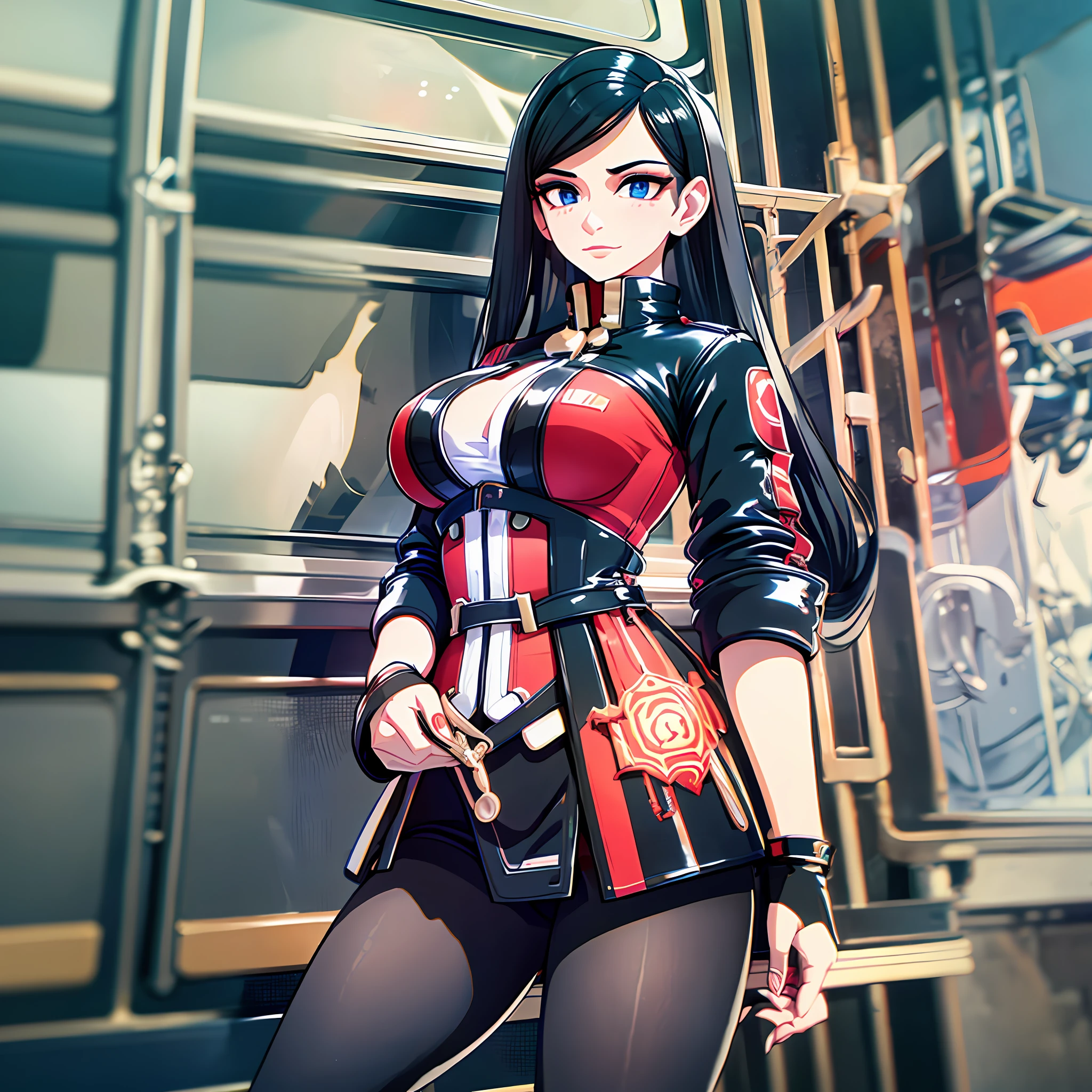 Beautiful tall woman with black hair with red train driver's outfit super realistic and well detailed