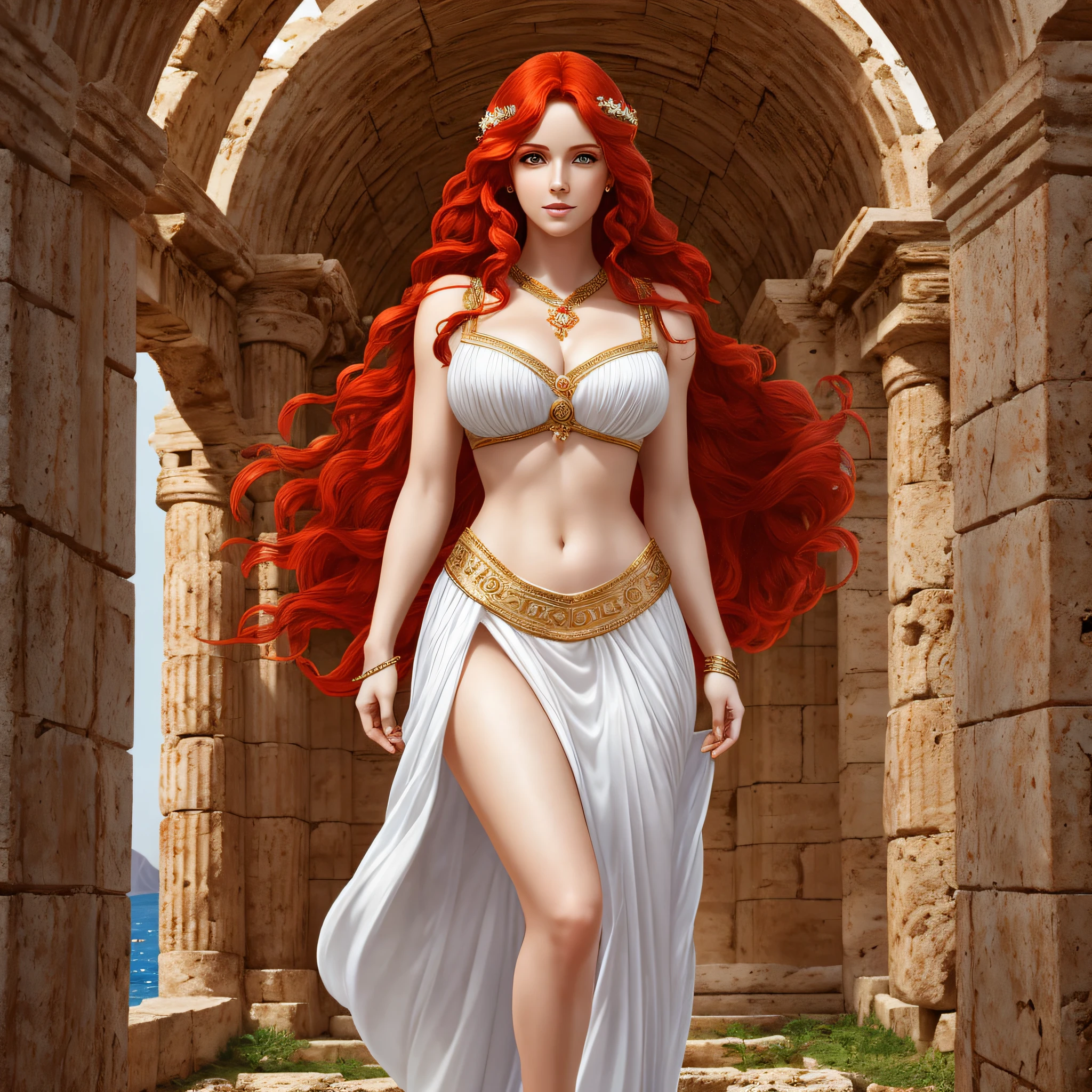 Aphrodite goddess of Greek mythology, red-haired woman, long red hair, full body, looking forward, eyes forward, face forward, white dress, Greece, realistic, best quality, 8k