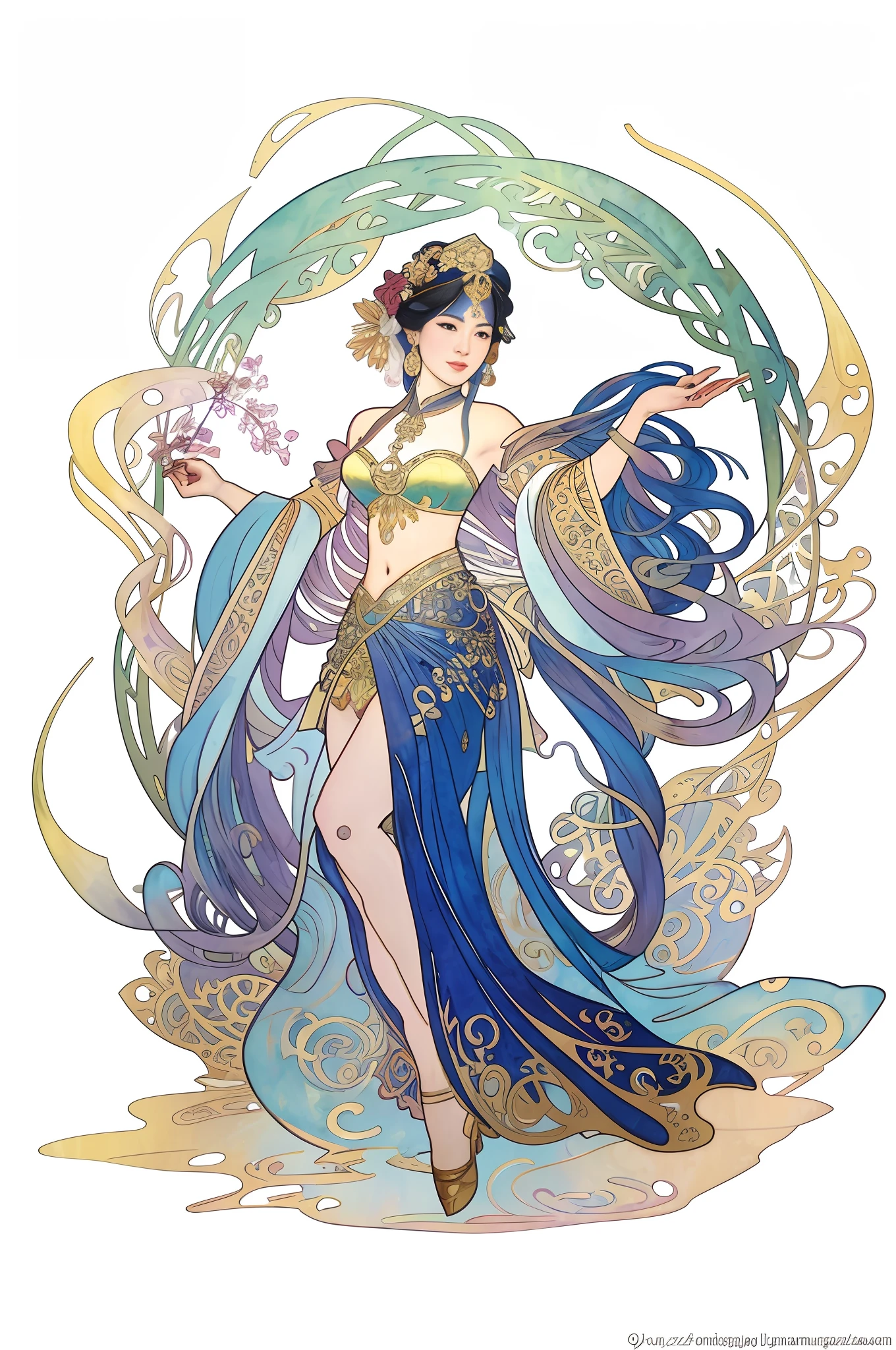 arafed image of a woman in a belly dance costume, alphonse mucha and rossdraws, by Yang J, inspired by Fenghua Zhong, full color illustration, a beautiful fantasy empress, inspired by Lan Ying, by Shen Zhou, a beautiful artwork illustration, by Zeng Jing, by Qu Leilei, by Yan Hui, by Lu Guang