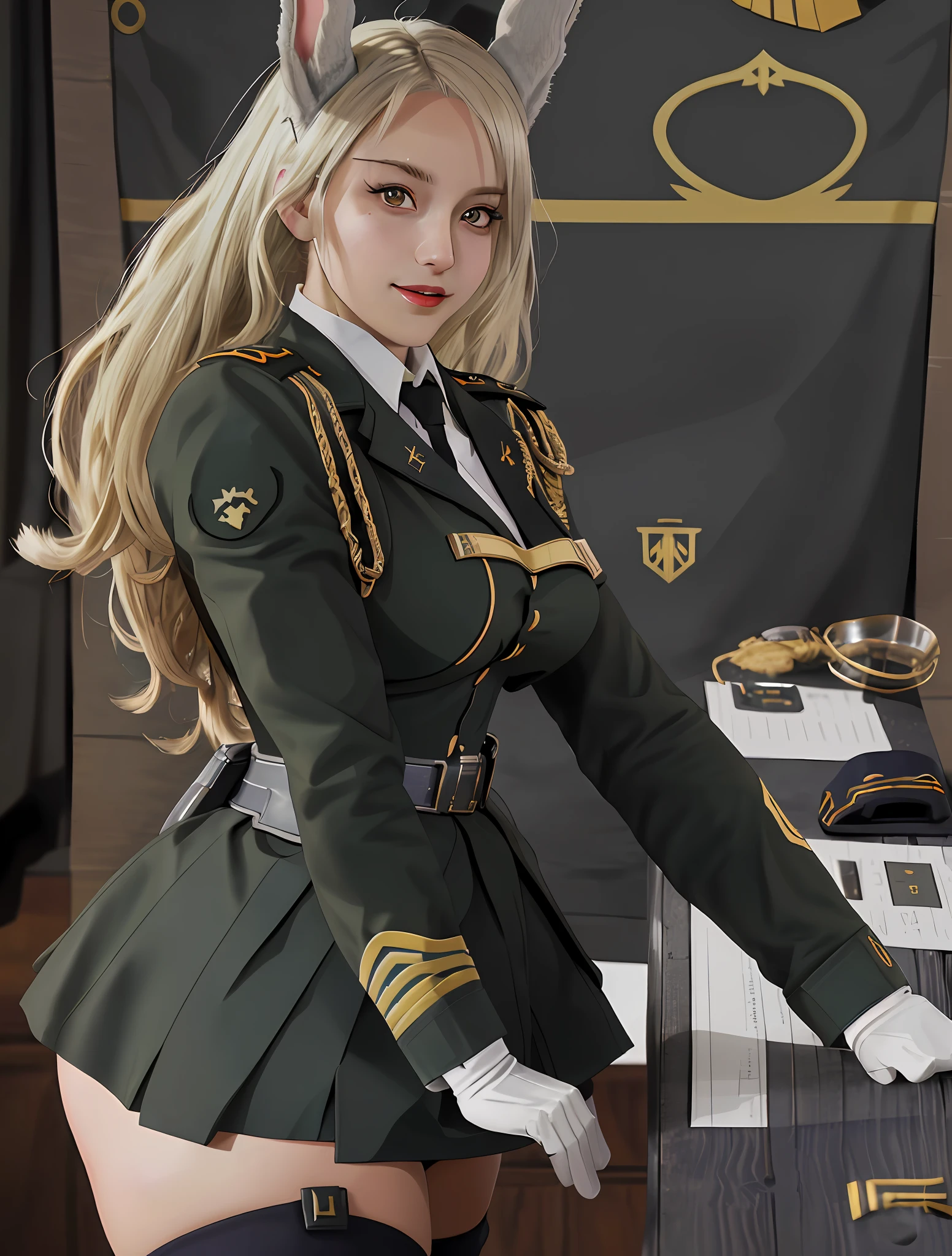 Sexy Mirko from My Hero Academia as a bunnygirl military officer waifu, Azure Lane, trending anime realism on Pixiv, sfw, kawaii, military outfit, high rank soldier, beautiful make-up, eyeshadow, lipstick, full lips, wide hips, shiny skin, breasts covered in baby oil, exposed breasts, in office, WWII, crazy smile, dictator, military leader of the German Military in World War 2, sinister beauty, Third Reich, German military officer waifu, Photorealistic, highly detailed, hyperrealism, ray tracing, high quality vector, high resolution, bunnygirl military Waifu, large breasts, hentai, lewd, 2 bunny ears, 1 girl