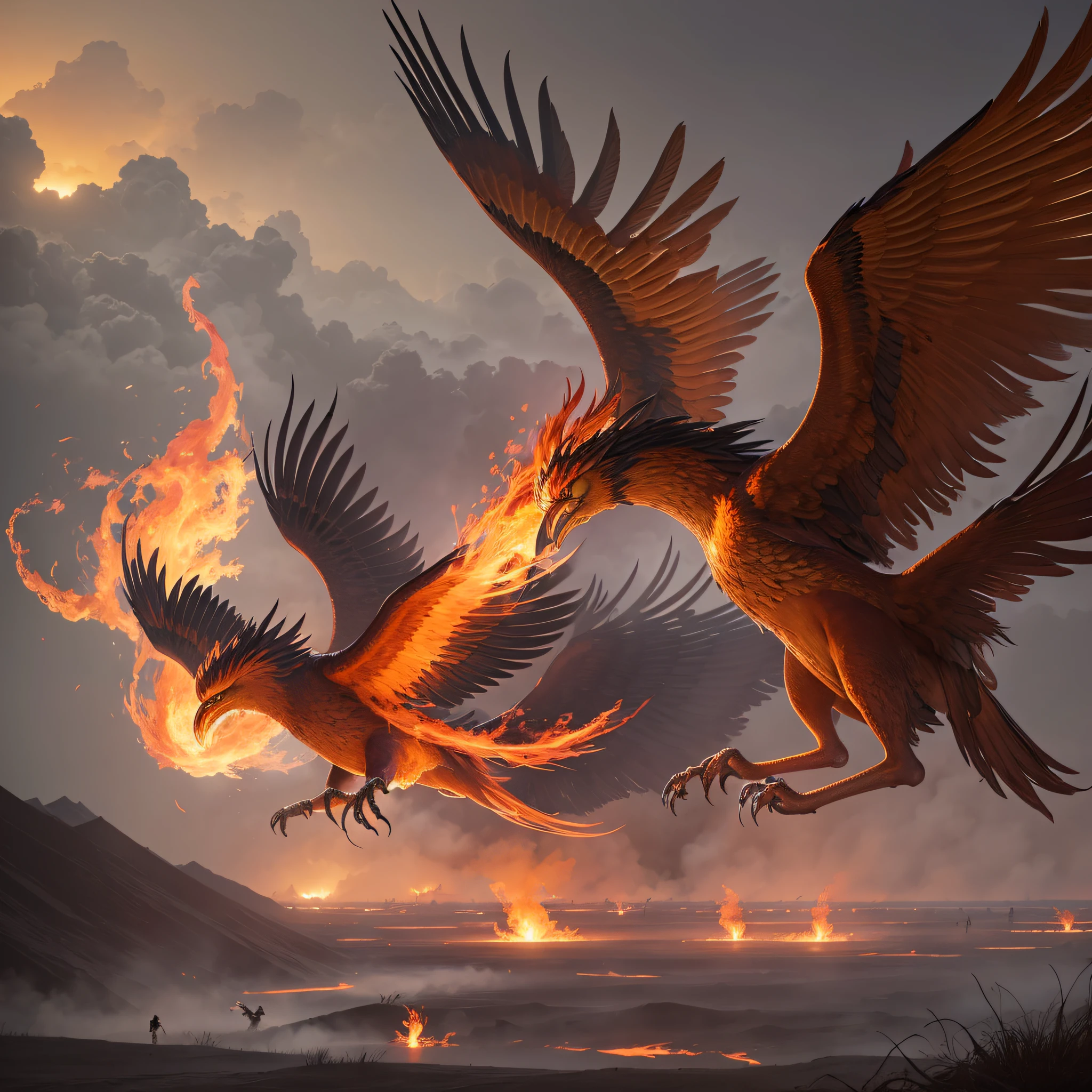 A flaming phoenix flying over a swamp with an army on the ground and lots of fog --auto --s2