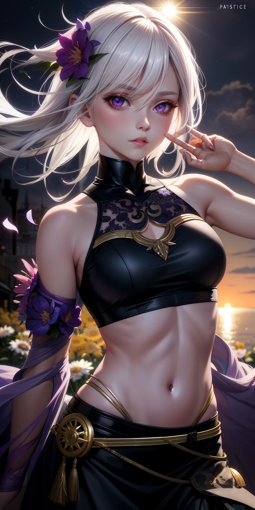 realistic, 1girl, white hair, purple eyes, glowing eyes, crop top, skirt, parted lips, blush, night, flowers, sun, sunlight,