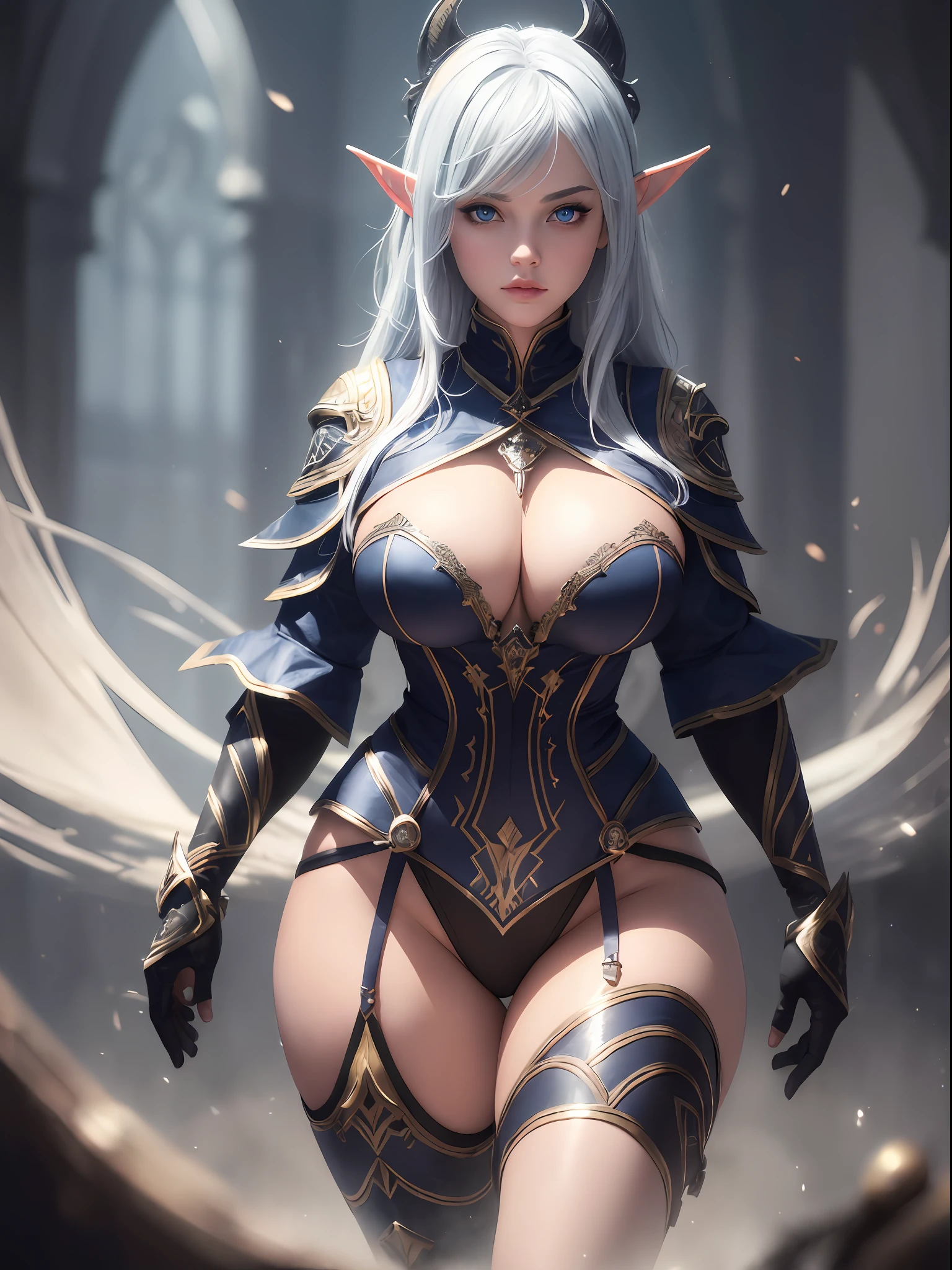 1girl, ((masterpiece, best quality, 4k, ultra-realistic, ultra detailed)), highly detailed RAW color Photo, ((beautiful female dark elf mage)), wearing black clothes, (curvy), (hourglass body, (huge breasts)), (wide hips), (blue eyes:1.2), (short white hair:1.2), (detailed skin), (detailed lips), (detailed eyes),(detailed face), dynamic pose, in dark dungeon, dim lighting, sharp, extremely detailed, photorealistic, unity, chromatic aberration, depth of field, soft lighting, intricate, (lens flare:0.7), (bloom:0.7), particle effects, raytracing, tone mapped, highly detailed, concept art, smooth, sharp focus, dramatic lighting, highly detailed artwork, cinematic, incredible shadows, (highly detailed background:1.2), (solo), full body,