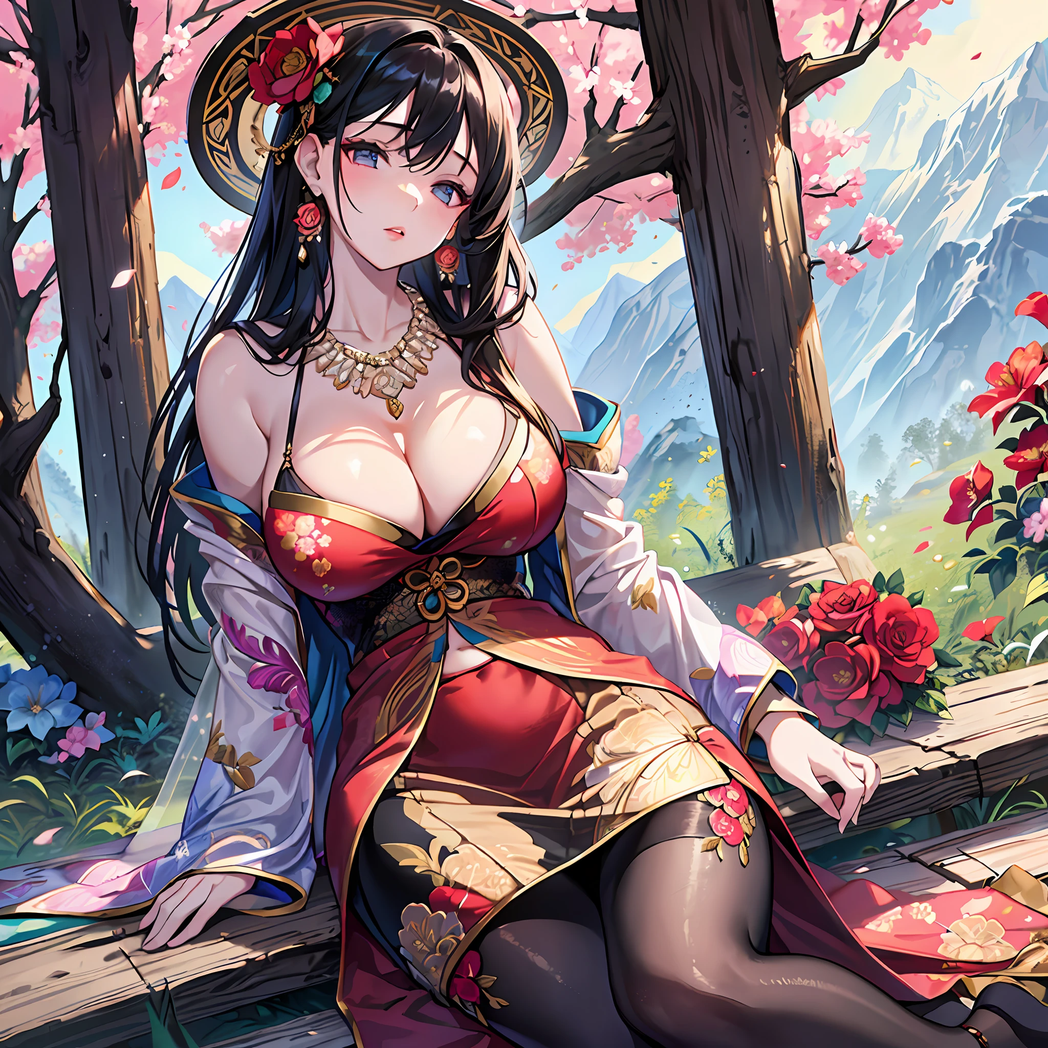 1girl, (big breasts: 1.4), cleavage, (silk traditional oriental outfit (floral embroidery: 1.2)), tight dress, lips, necklace, earrings, long hair, looking_at_viewer, mountain, pantyhose, realistic, solo, tree