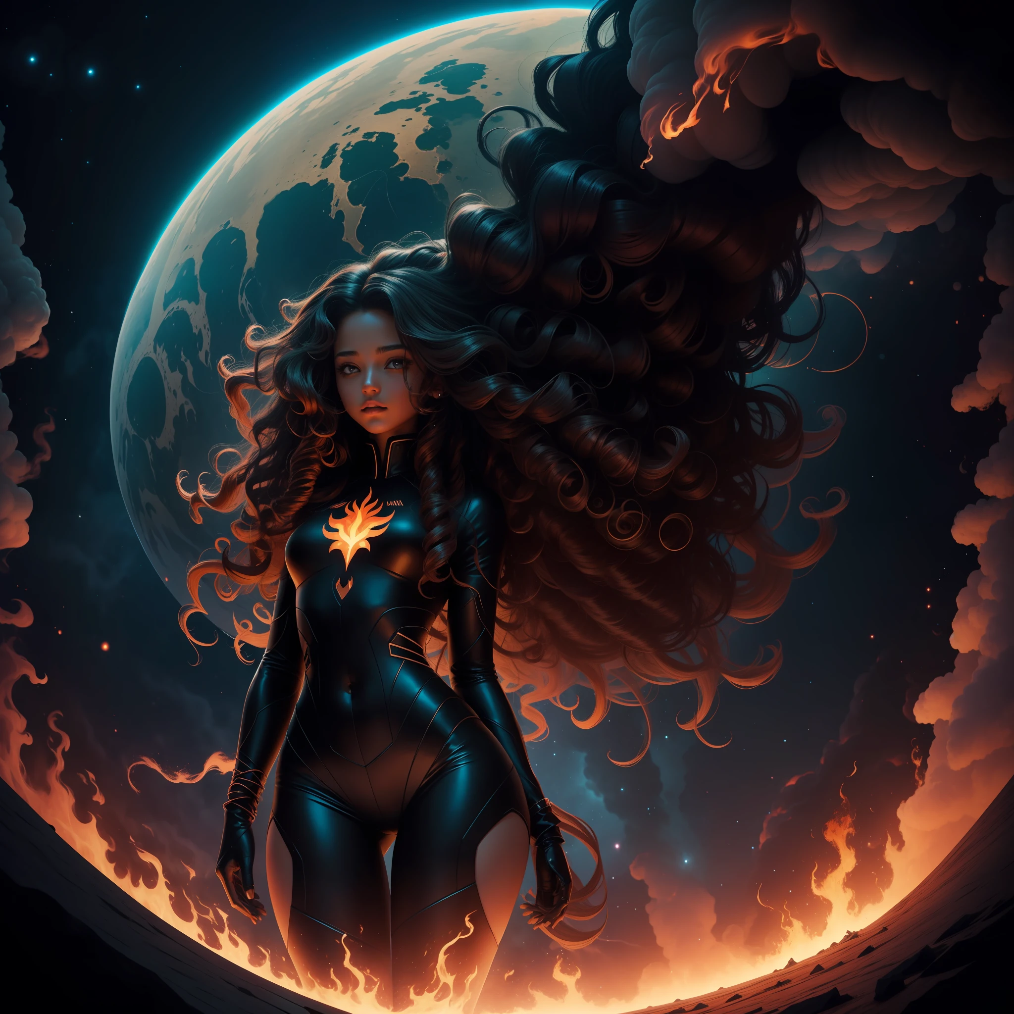 A dark girl with long curly hair emerges her burning figure in an environment of infinite cosmos