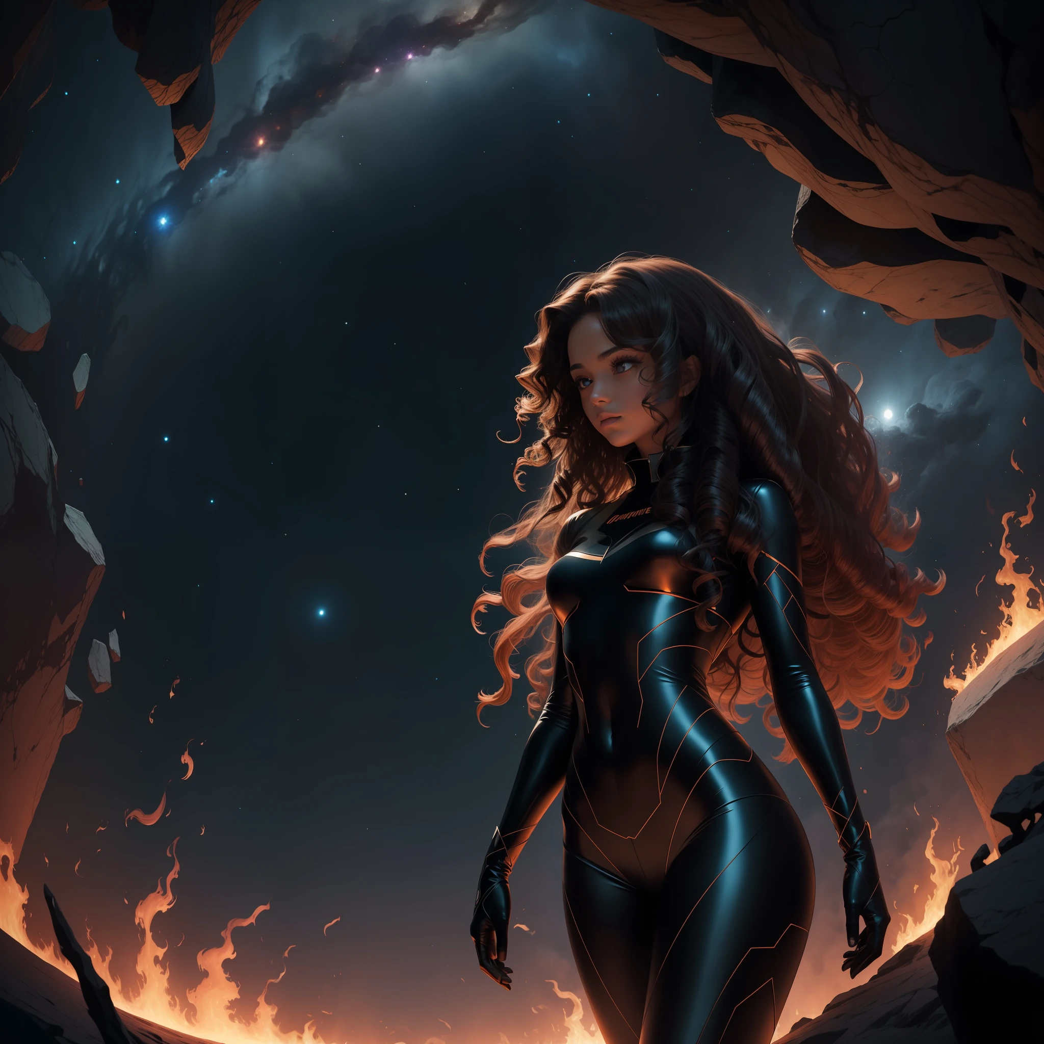 A dark girl with long curly hair emerges her burning figure in an environment of infinite cosmos