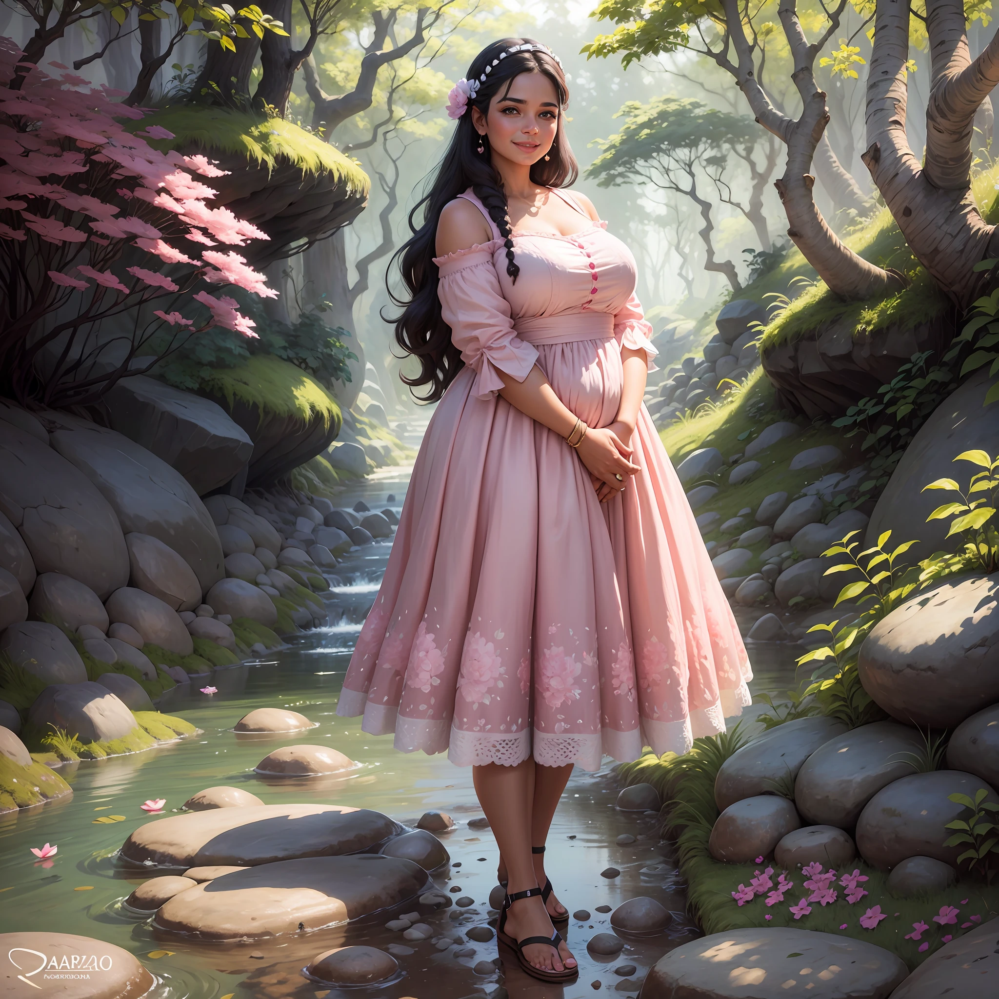 Cartonized, fat woman, realistic portrait, 4K, smiling tanned woman in pink dress standing in front of trees and stones, malika favre, wearing pink floral chiton, in front of a forest background, looks like fabiula nascimento, by Nándor Katona, inspired by Francis Souza, andrea rocha, alanis guillen, inspired by Maria Helena Vieira da Silva, inspired by Emerson Silva... --auto --s2