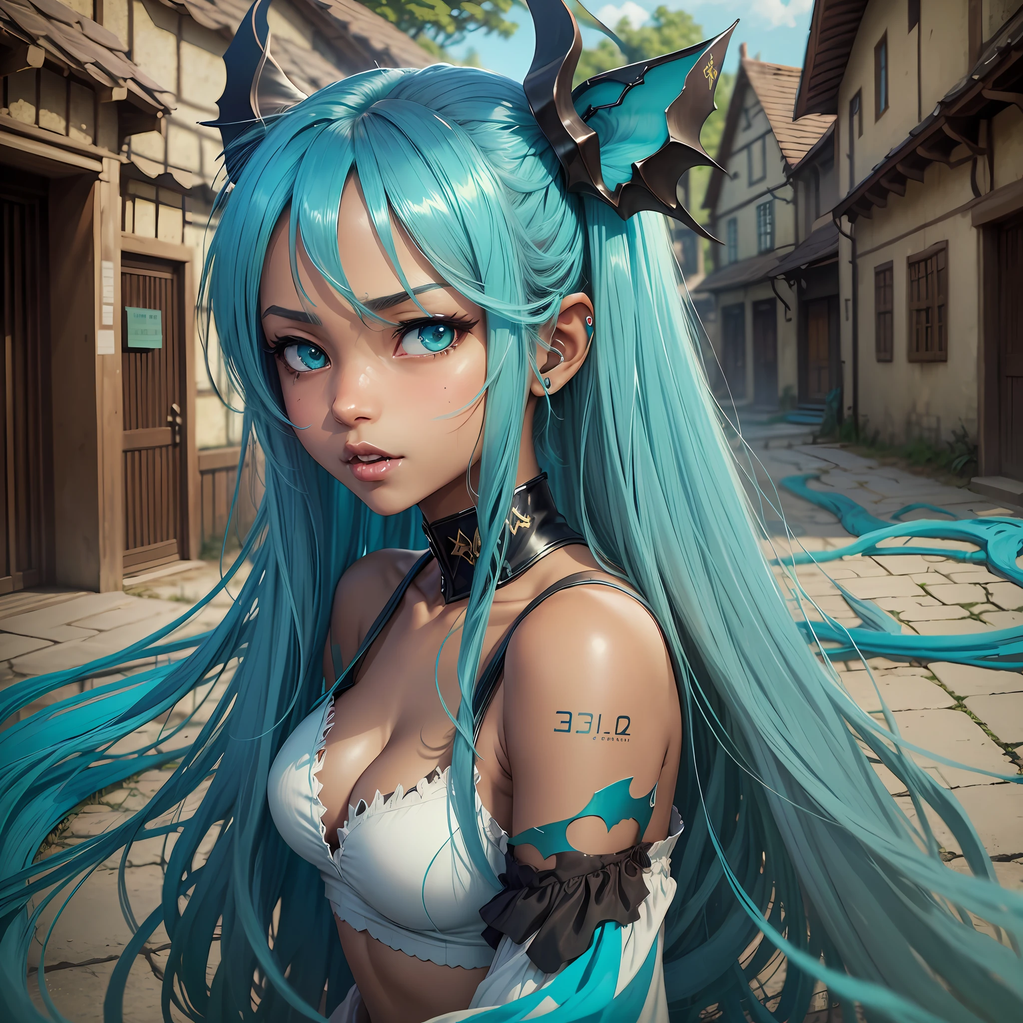 Succubus, brown skin, white shirt, small breasts, wings (dragon, dark blue), long hair (hatsune miku, light blue), green eyes (squeak), serious facial expression, village scenery --auto --s2