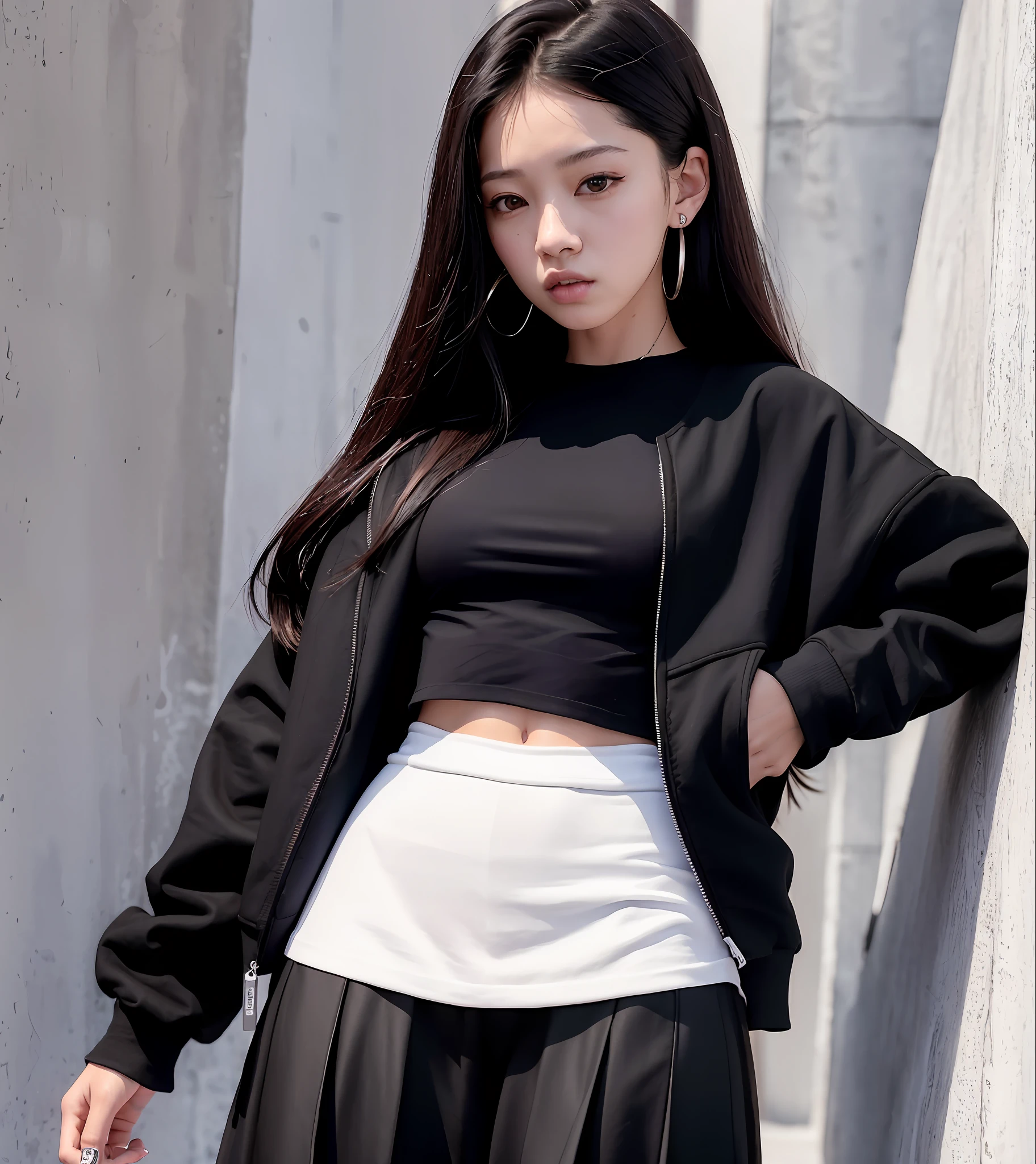 arafed woman in a black jacket and white shirt leaning against a wall, cropped shirt with jacket, jisoo from blackpink, blackpink jennie, taken in the early 2020s, portrait of jossi of blackpink, she is wearing streetwear, krystal, 😭 🤮 💕 🎀, jossi of blackpink, wearing a sexy cropped top, gemma chen, profile image