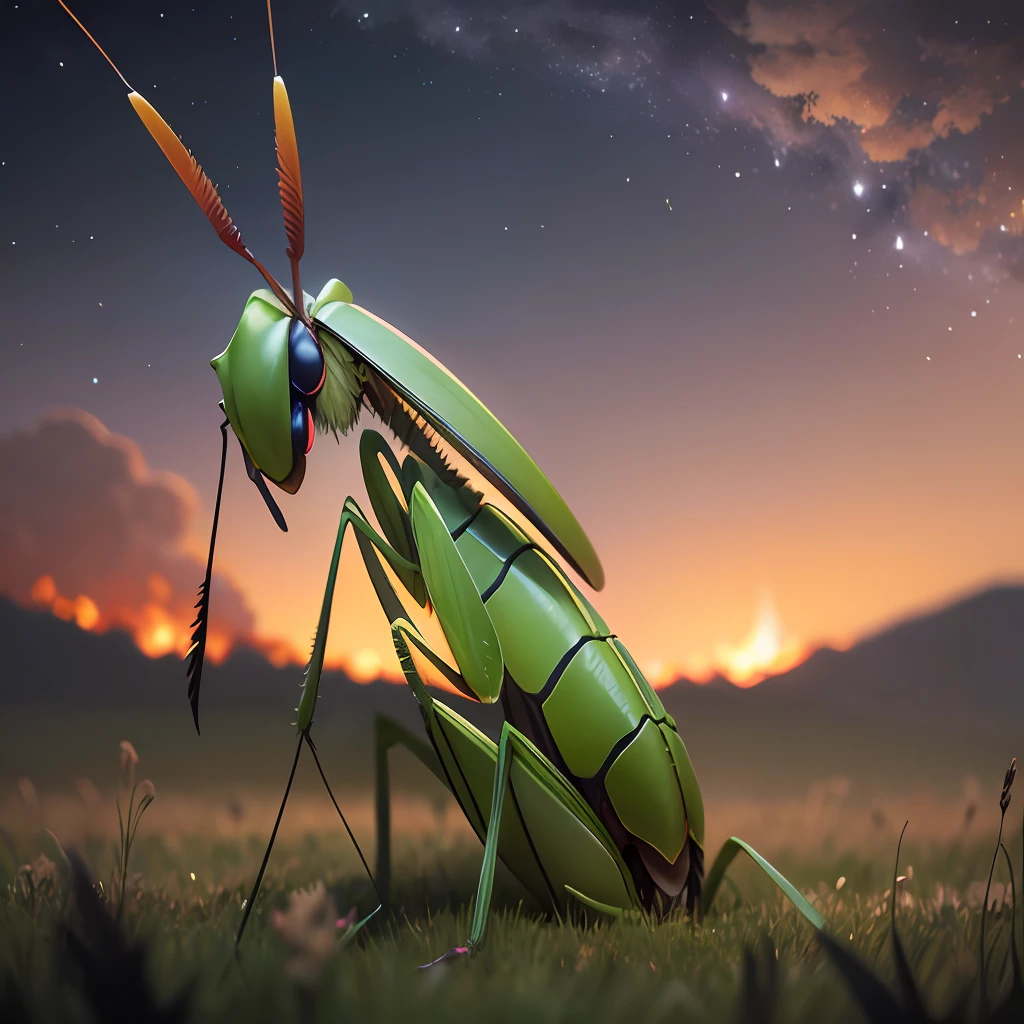 green giant mantis on burnt grass, fire in the background, dark sky --auto --s2
