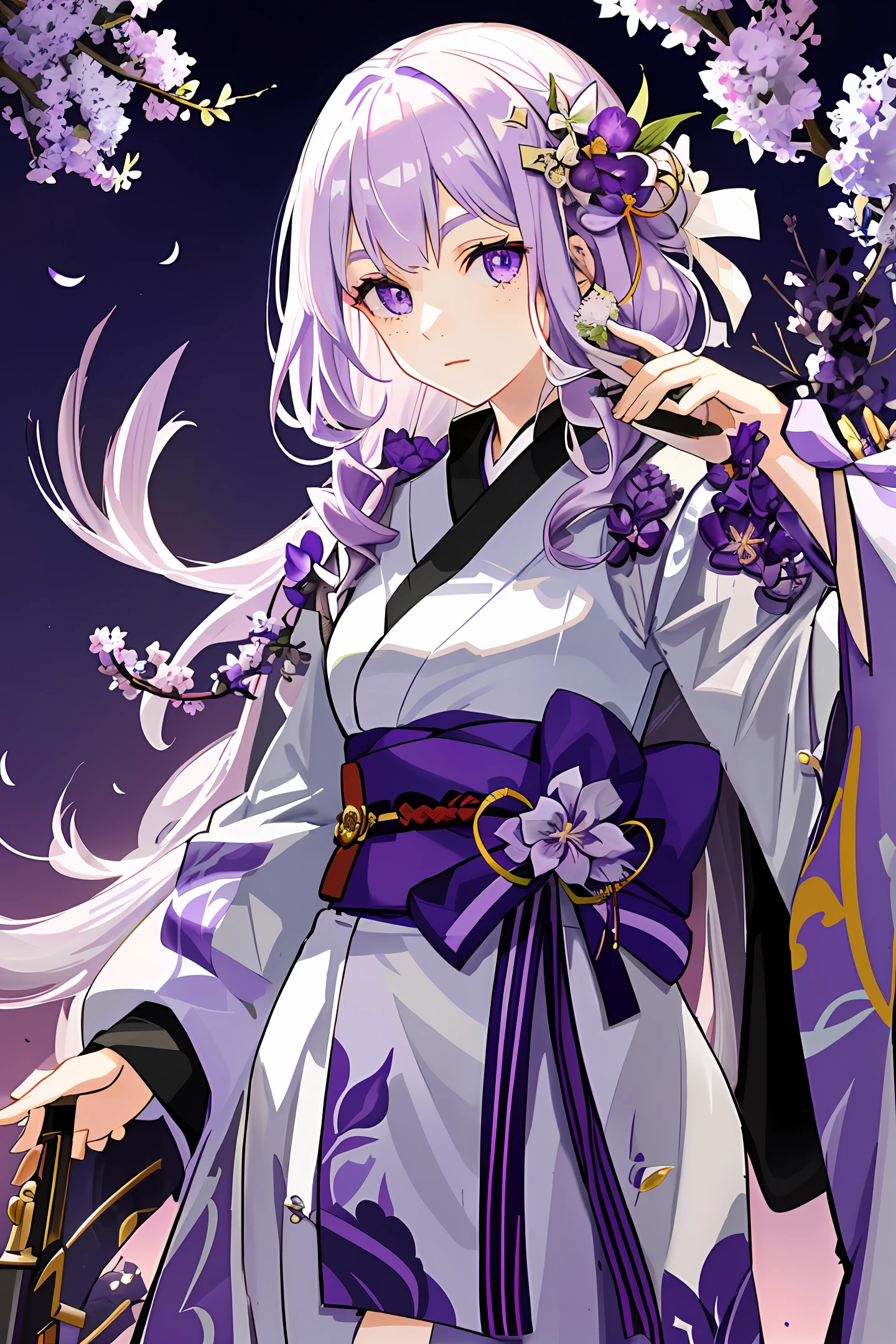 Well detailed girl, white curly hair, pale skin, freckles on the face, big lilac eyes, oni hunter uniform, dark purple kimono, long sword and lilacs, at night