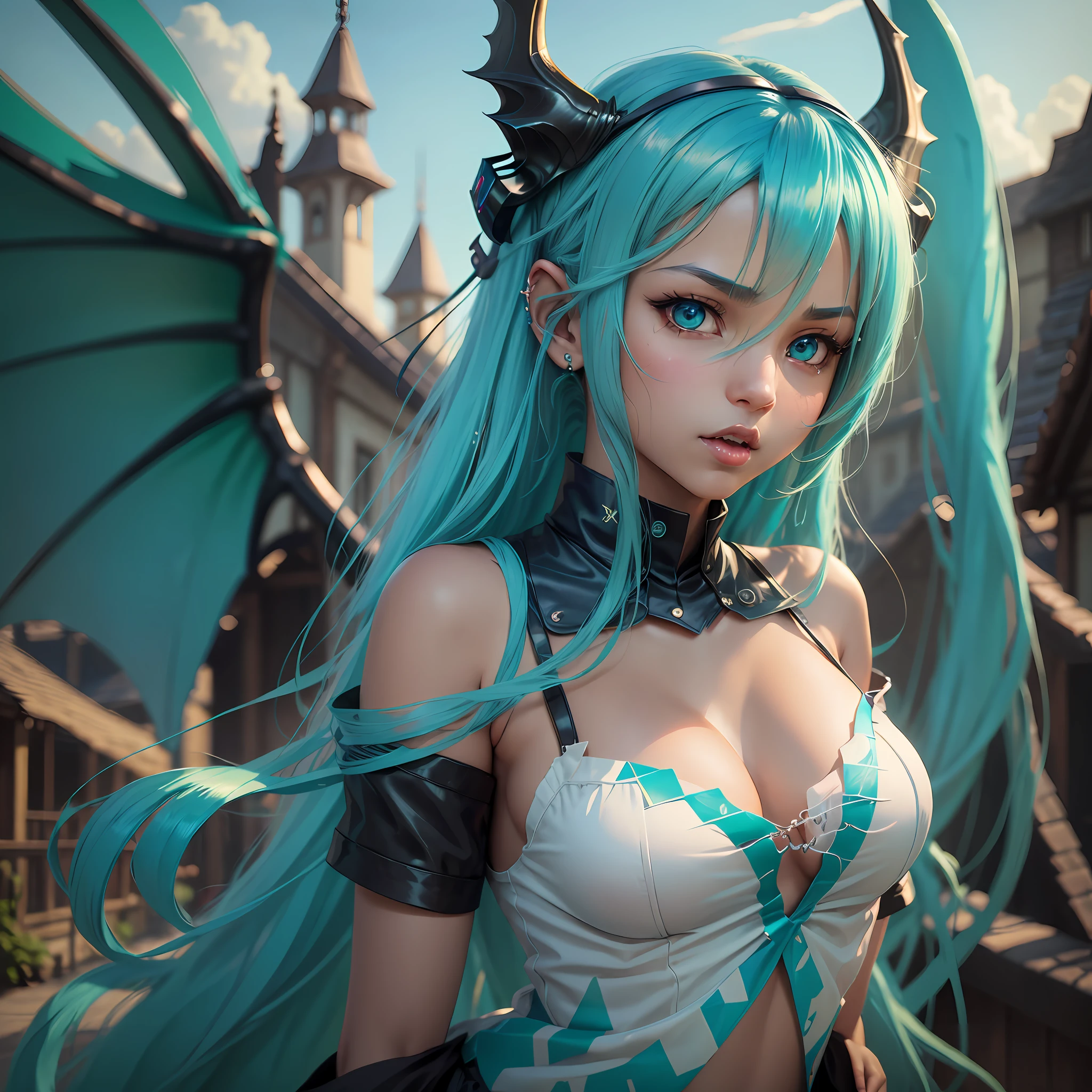 Succubus, brown skin, white shirt, small breasts, wings (dragon, dark blue), long hair (hatsune miku, light blue), green eyes (squeak), serious facial expression, village scenery --auto --s2