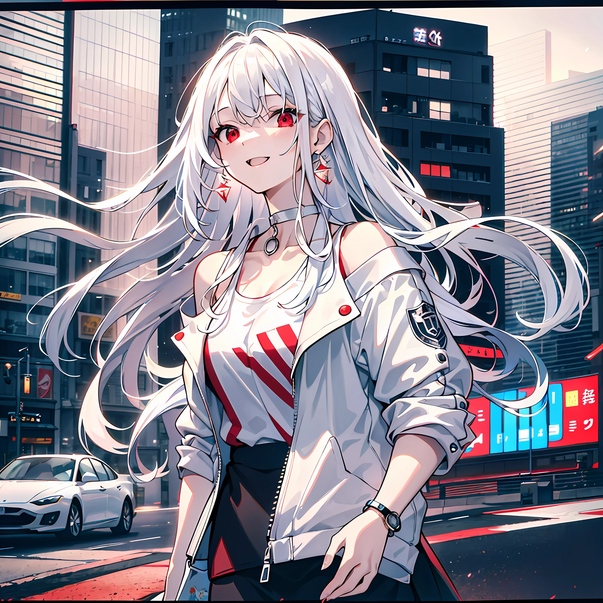 Masterpiece, masterpiece, white t-shirt, best quality, ultra hd, 8k, street, traffic light, bus stop, telephone pole, a beauty, white long hair, white hair, lively and cheerful, full of vitality, delicate red jacket, sticker strip, white t-shirt, red jacket, black leggings, good mood, dynamic, white hair, red eyes, fluffy hair, detailed hair, delicate facial features, detailed face, ultra-close, ultra-fine, ultra-high-definition, dynamic viewing angle, dynamic image, dynamic pose, depth of field, choker, modern style, modern city, high-rise building, elegant, bracelet, shopping bag, a mobile phone, milk tea, fashionable dress, depth of field, vending machine, extreme details, soft hair, tall image, earrings, face white, ultra-close, ultra-high-definition, fresh atmosphere, clear face, depth of field, off-the-shoulder, detailed collarbone, chuckles,