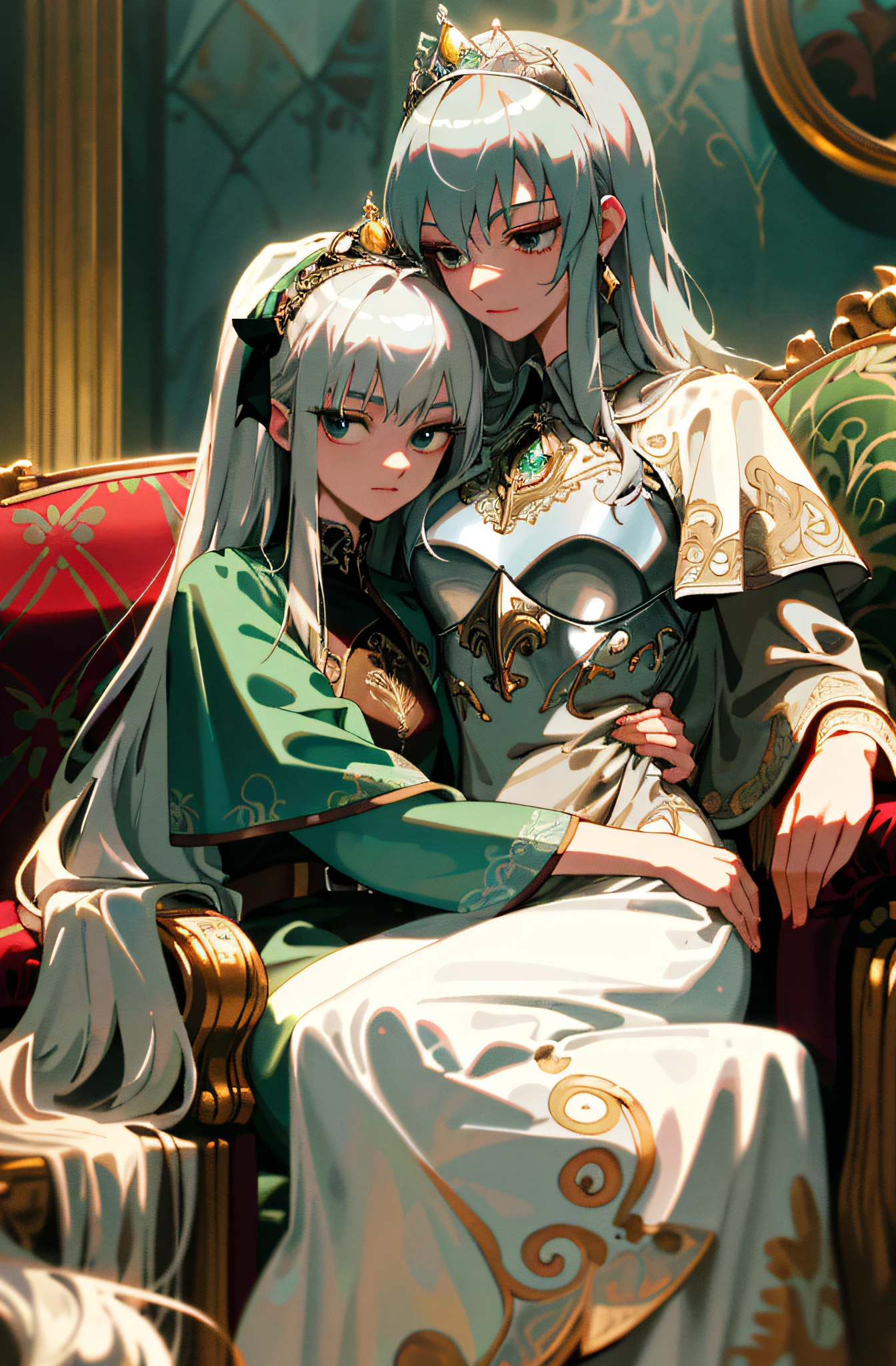 Best image quality, high resolution, 8K, realistic depiction in every detail, photorealism, two women, glamorous pope and slender princess knight sitting on a throne and hugging each other, (plump body pope, 30 years old, bewitching, long blonde hair, glossy skin, detailed description, glamorous, deep green luxurious toga with embroidery, lust), (slender, princess knight, 18 years old, small breasts, abs, full proportions, Neat face, silver hair, short, sharp eyes, no breastplate, with baskets), (partial skin exposure: 1.5), beautiful face drawn in detail