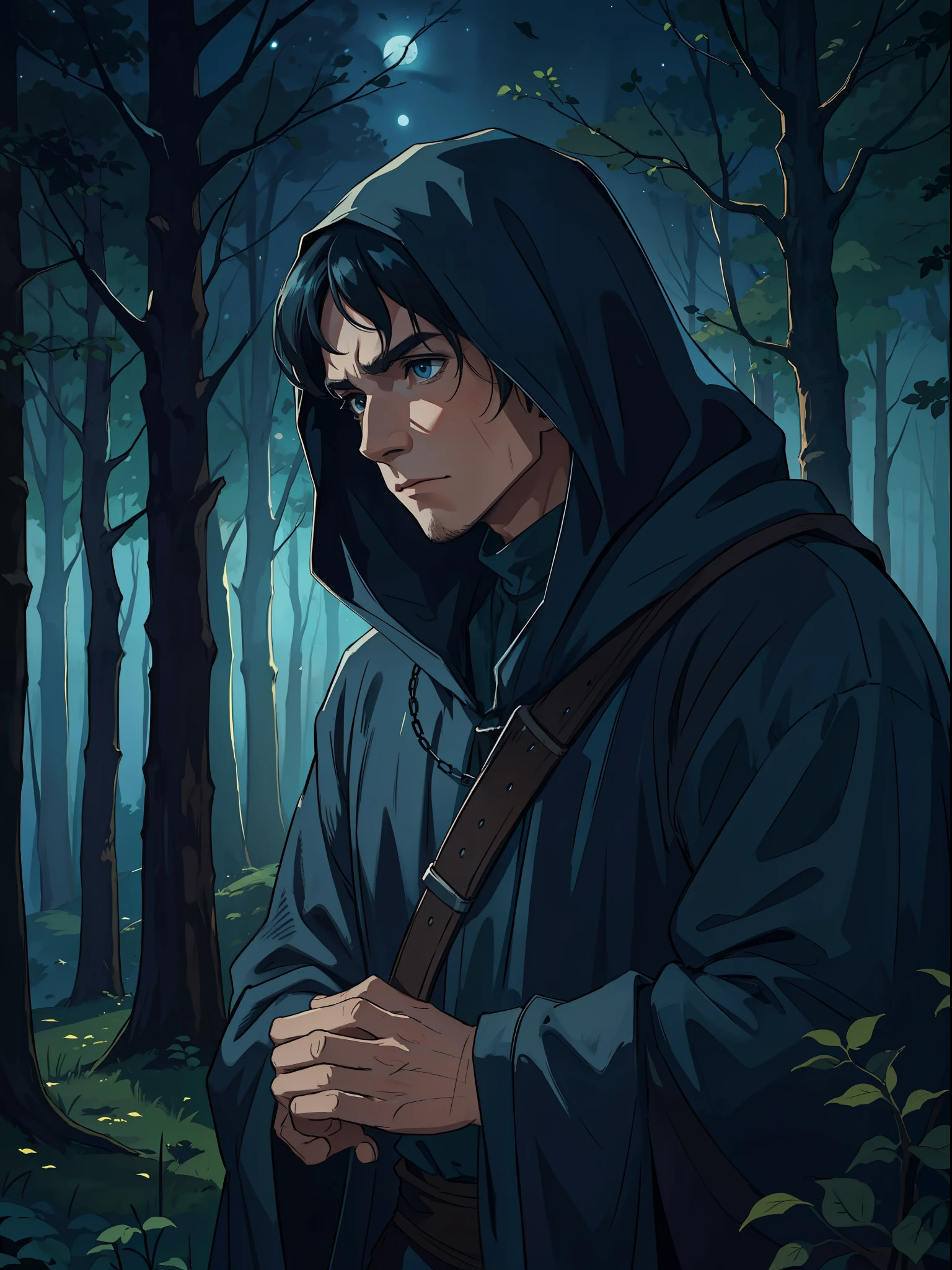 A simple man in poor clothes in a medieval era in the middle of the forest at night with a sad look, dark forest, night forest with predominant shades of dark blue and black