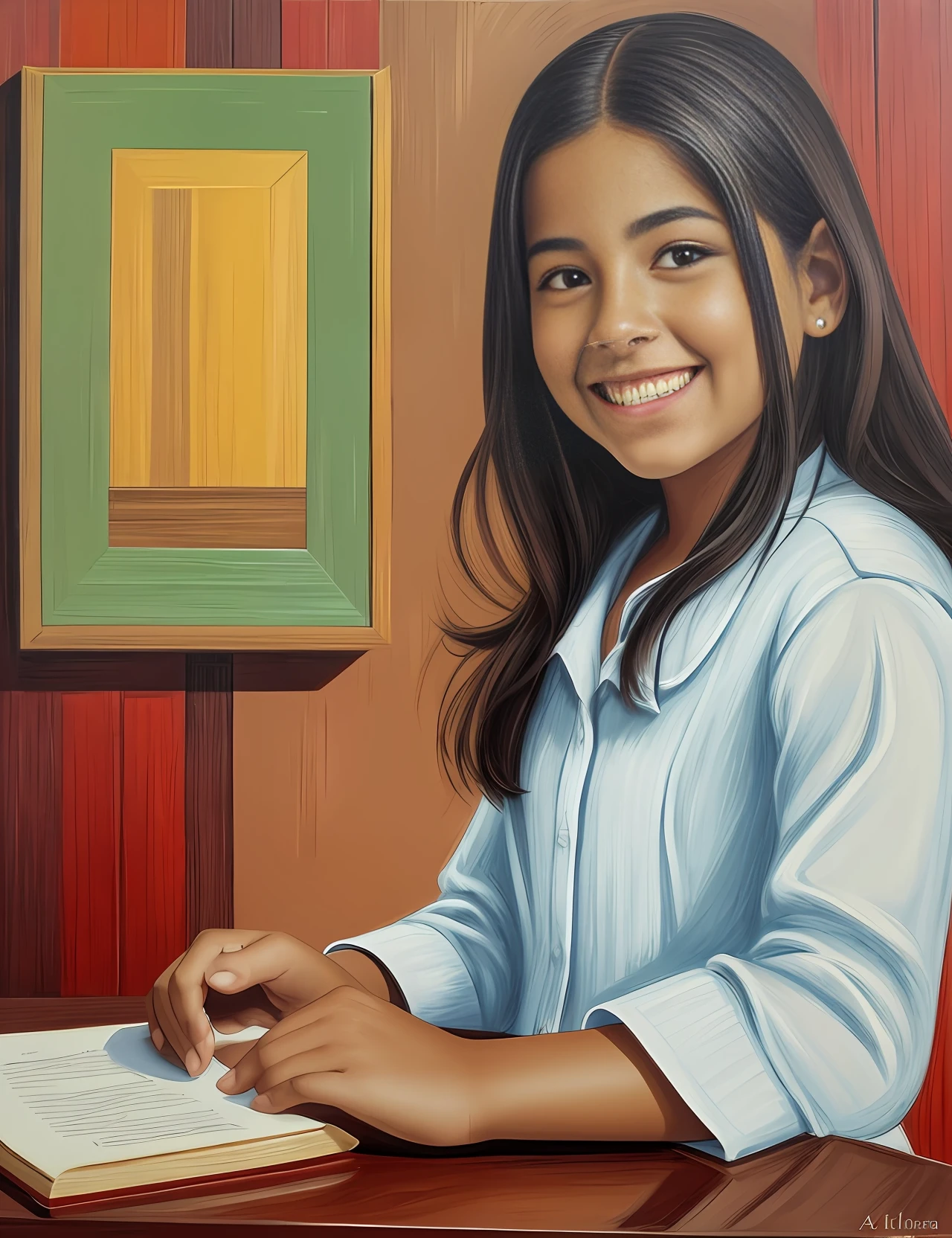 Masterpiece, photorealistic 8K: a girl sitting at a table, with a book and a pencil in her hand, apparently excited and smiling. She seems to be ready to study and learn, with an expression of enthusiasm on her face.  In the painting "Sigara Aşırmak" by Nándor Katona, the girl is depicted smiling and happy, with a captivating look that catches the viewer's attention. She is beautiful and has a radiant smile, which lights up the scene and conveys positivity.  In "Menina Sentada na Mesa", by Almeida Júnior, the girl is portrayed with a sweet and gentle smile, which conveys a sense of tranquility and peace. She seems to be enjoying the moment, feeling comfortable and safe in her study environment.  In Amelia Peláez's image of Alanis Guillen, the girl is depicted with a confident and determined smile. She seems to be ready to face any challenge presented to her, with a firm look and a courageous stance.  Lorena Alvarez is also depicted smiling, in a relaxed and cheerful pose. She seems to be enjoying the moment, which conveys a sense of happiness and contentment to the viewer.  In short, the images depict girls smiling and happy, in different situations, which conveys a sense of positivity and optimism to the viewer. --auto --s2