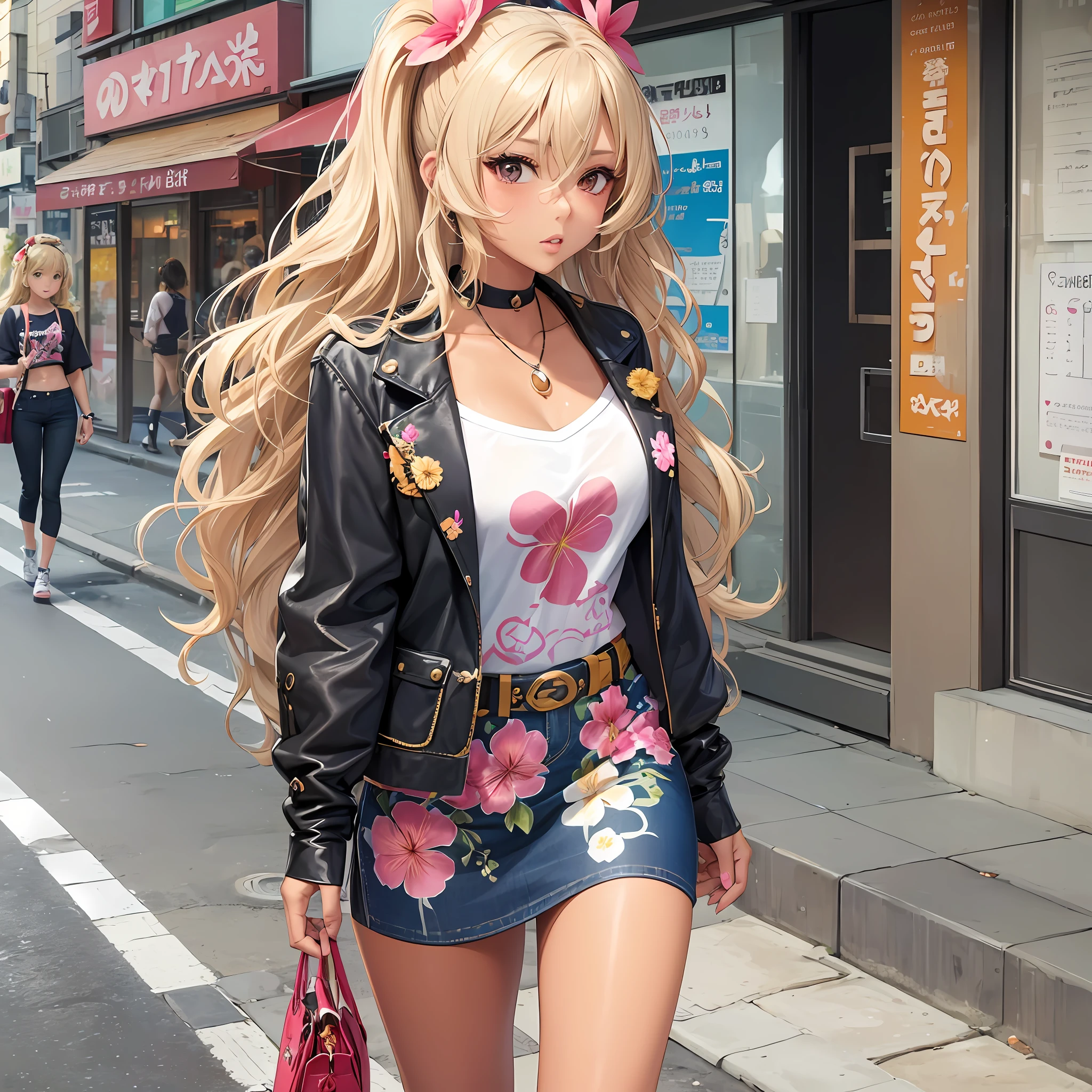 (A stylish and cool masterpiece) Girl in Shibuya, with Gyaru style clothing, (tanned skin*1.1), (ash blonde hair + wavy hair*1.2), (hair accessories*1.3+flowers), (aloha accessories*1.2), walking down the street with confidence. --auto --s2
