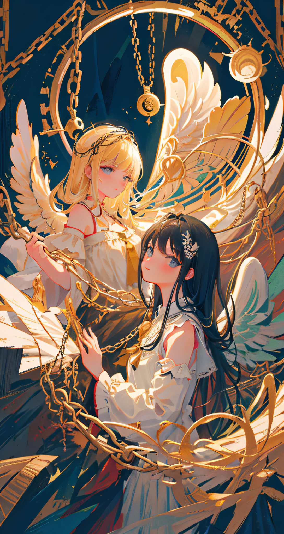 (Highest picture quality),(Master's work),(ultra-detailed),the portrait is centered,(2girls),(from side:1.1),(facing viewer:1.3), outdoors, bare back, close-up, bare shoulders, (baroque architecture background), chain, cloud, (angel wings), (torn clothes), (lace), mad, crazy, magic circle, hands,white dress, nimbus, angel and devil, blood, fire