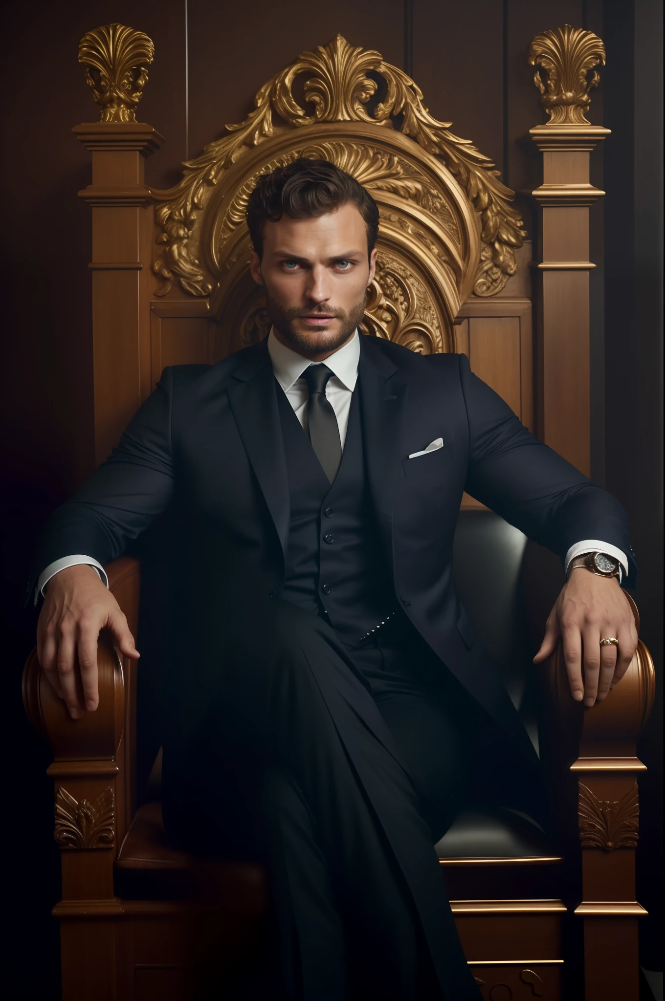 Create a Ceo wearing suit, symmetrical and beautiful eyes, stare fixed in the center of the image, details of the face, Jamie Dornan, very beautiful and attractive, black beard and detached, strong and muscular, dark short hair, tanned skin, 8k resolution, best quality, similar to actor Jamie Dornan, pe, close up.