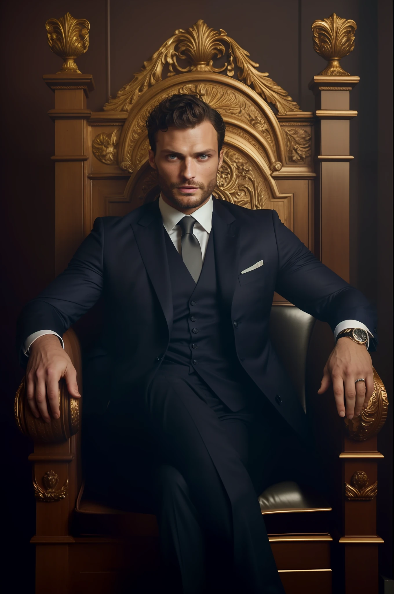 Create a Ceo wearing suit, symmetrical and beautiful eyes, stare fixed in the center of the image, details of the face, Jamie Dornan, very beautiful and attractive, black beard and detached, strong and muscular, dark short hair, tanned skin, 8k resolution, best quality, similar to actor Jamie Dornan, pe, close up.