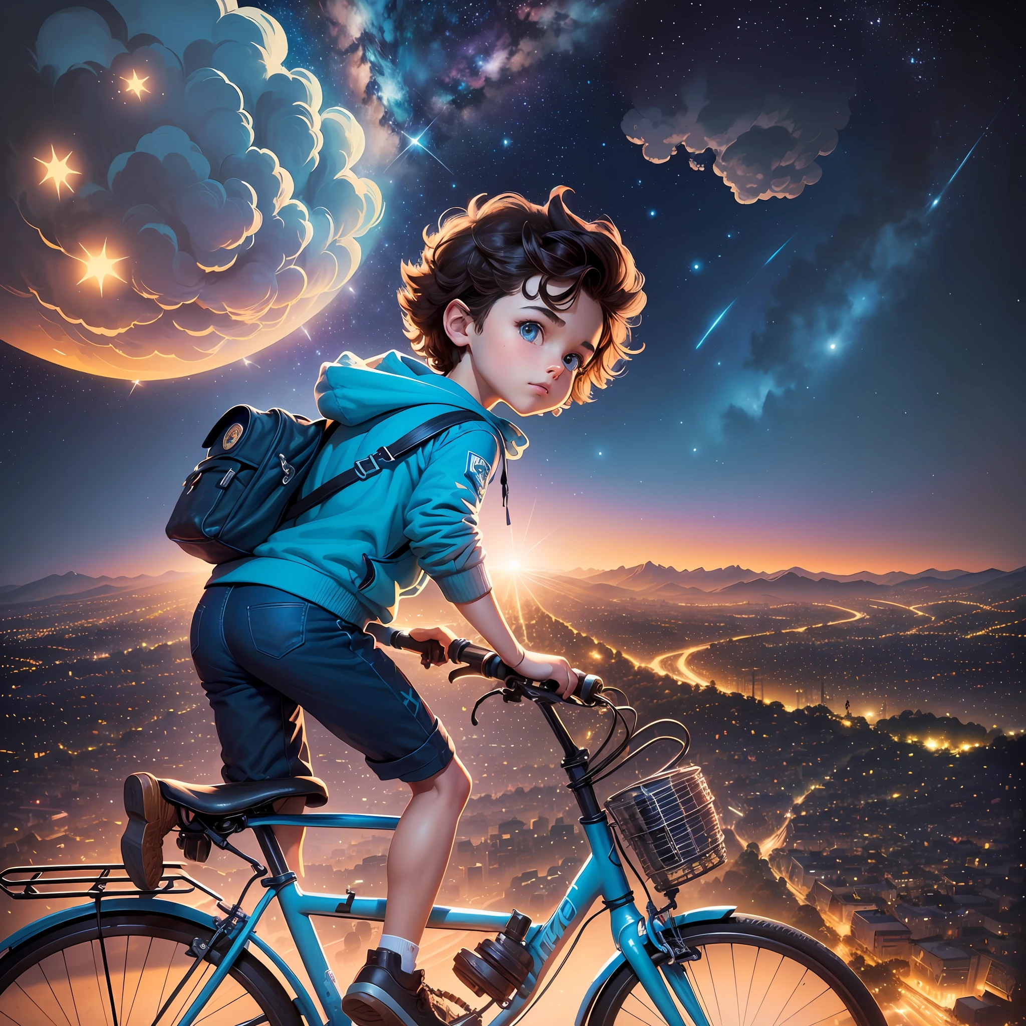 cartoon of a boy on his side looking sky on a bicycle standing high on a hill (hollywood style looking at the starry night sky, city with buildings in the background, illustration, inspired by E. T, comic illustration, concept art for a book cover, stylized comic art, drawn in colorful pixar style, Looking for Stars Stranger Things --auto --s2