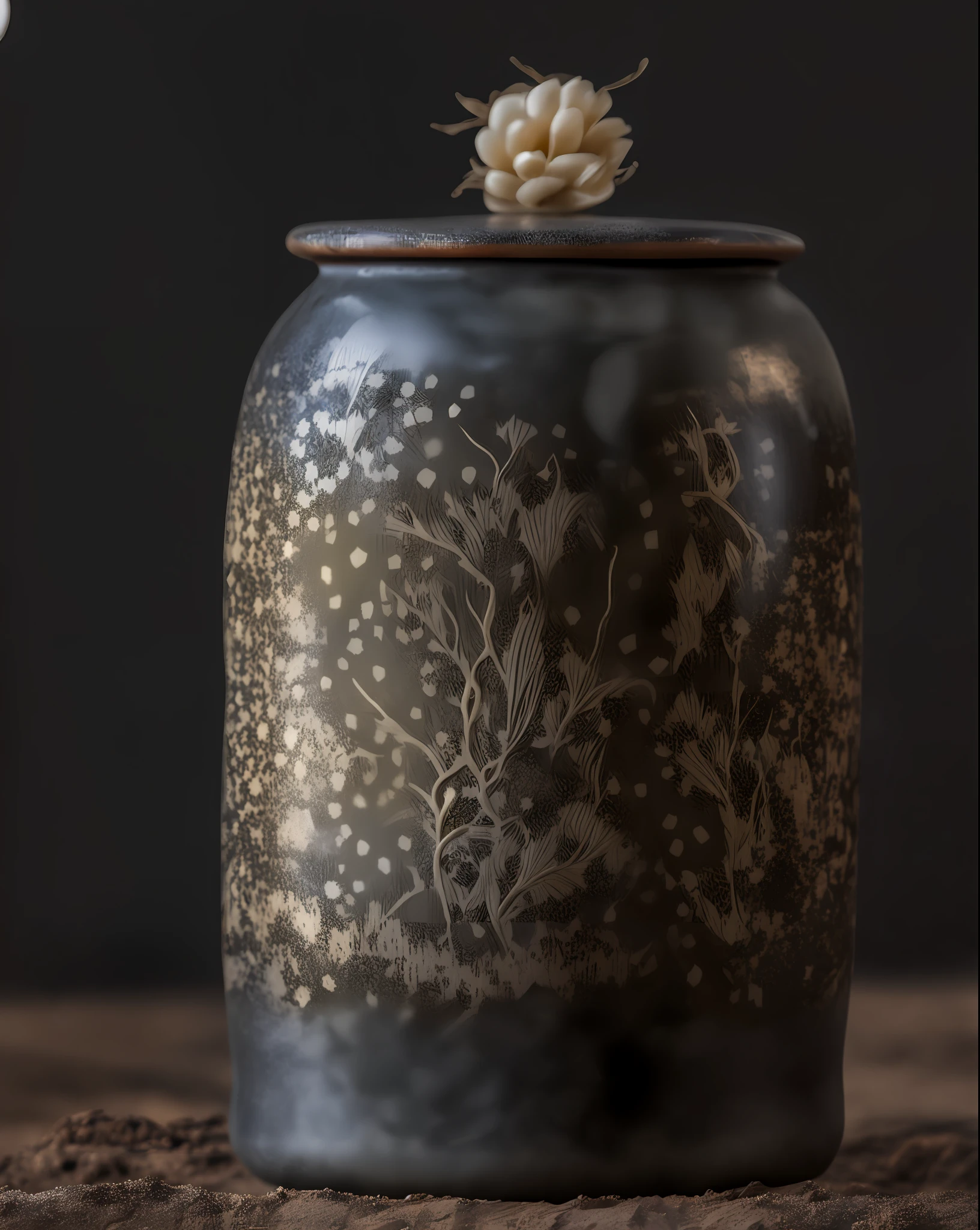 A black glazed jar, the appearance of the jar is fine sand texture, simple freehand ivory carving, Japanese style, real and delicate texture (((masterpiece)), clear wood grain background, indoor photography lighting, product super high quality, high resolution, 8k