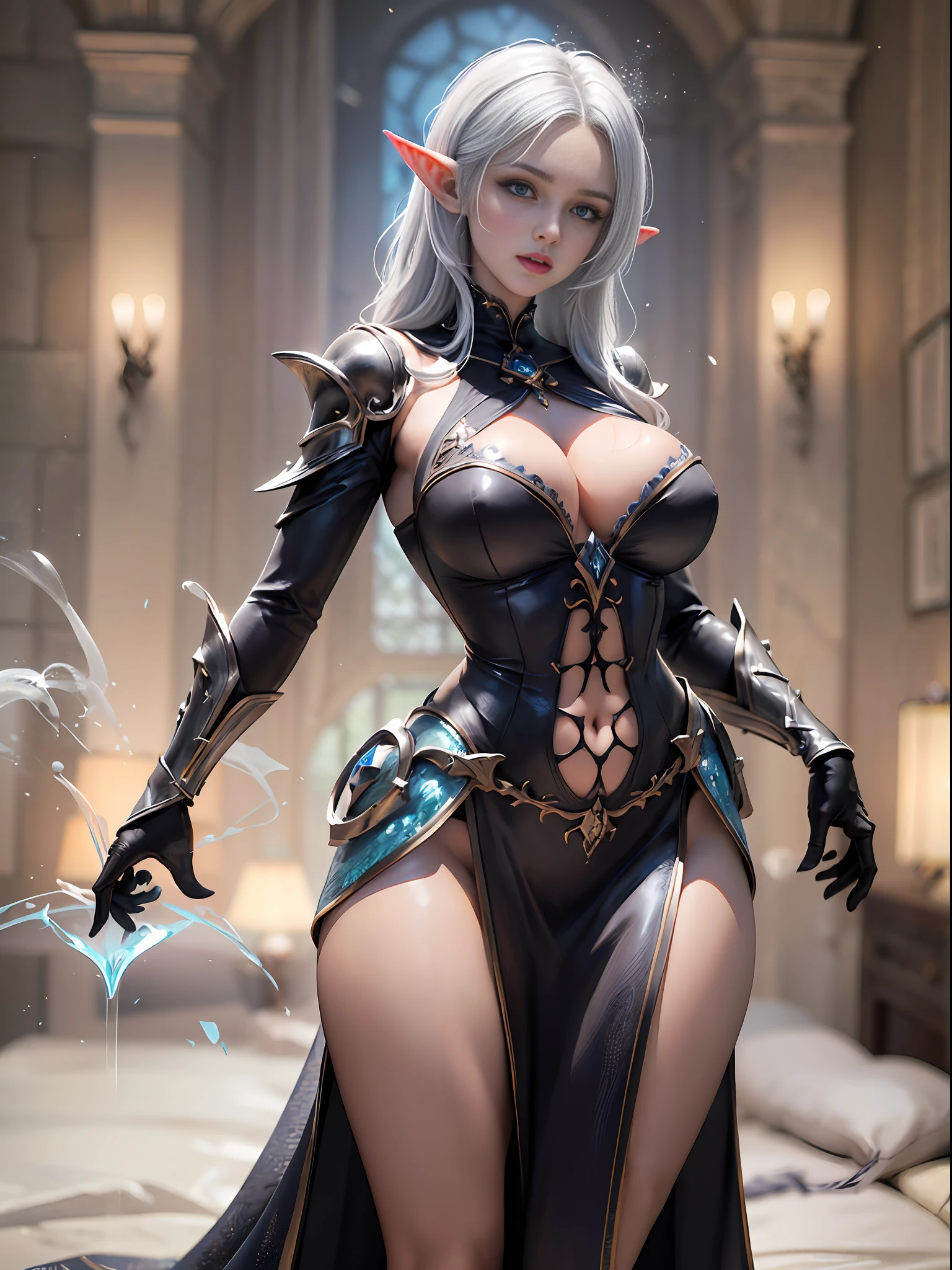 1girl, ((masterpiece, best quality, 4k, ultra-realistic, ultra detailed)), highly detailed RAW color Photo,((beautiful female dark elf mage)), wearing black clothes, (curvy), (hourglass body, (huge breasts)), (wide hips), (blue eyes:1.2), (short white hair:1.2), (detailed skin), (detailed lips), (detailed eyes),(detailed face), dynamic pose, in dark dungeon, dim lighting, sharp, extremely detailed, photorealistic, unity, chromatic aberration, depth of field, soft lighting, intricate, (lens flare:0.7), (bloom:0.7), particle effects, raytracing, tone mapped, highly detailed, concept art, smooth, sharp focus, dramatic lighting, highly detailed artwork, cinematic, incredible shadows, (highly detailed background:1.2), (solo), full body,