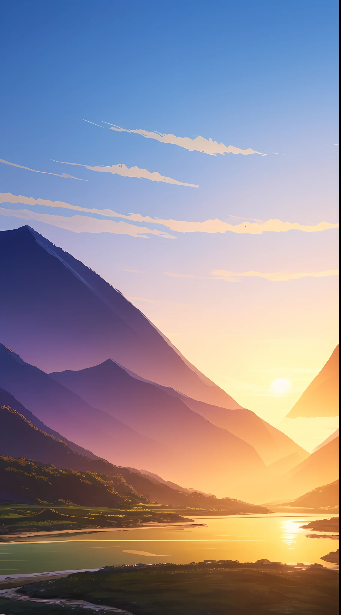 there is a picture of a sunset with a mountain and a river, anime landscape, background artwork, background art, landscape illustration, landscape background, anime countryside landscape, detailed scenery —width 672, 4 k hd wallpaper illustration, distant background, distant village background, anime landscape wallpaper, sunset illustration, anime background art, dreamy landscape, digital landscape art, golden hour background