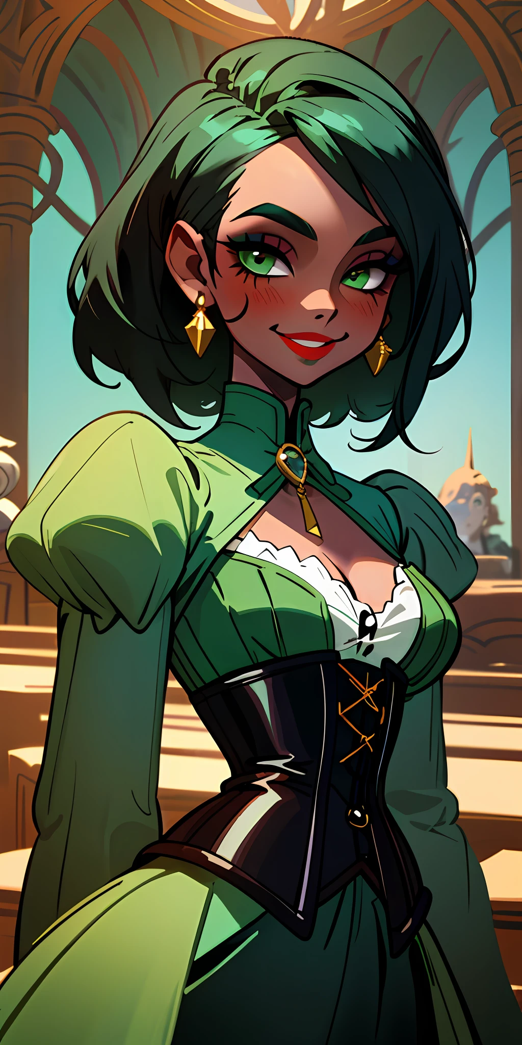 cute woman, makeup, black skin, corset, renaissance world, fantasy, green hill. sexy smile