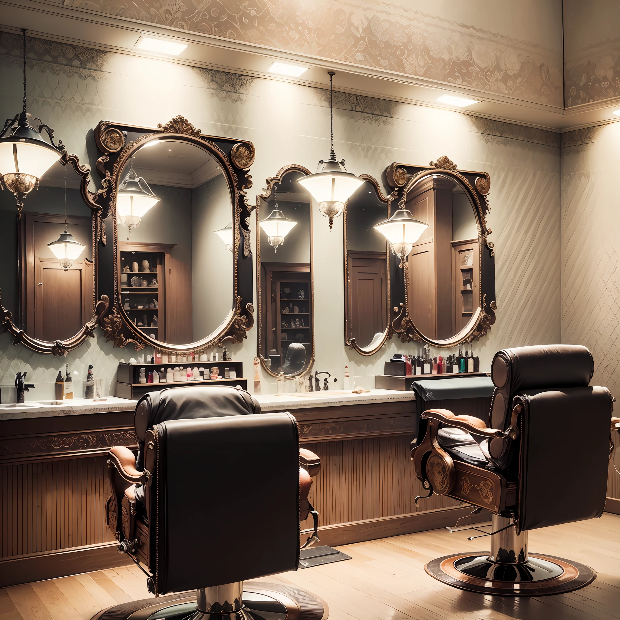 interior shots of a barber shop with two chairs and mirrors and some luxurious wallpaper in-between,mega details, high quality, (front view:1.9), (barber cutting hair for a customer), mirrors at low height. --auto --s2