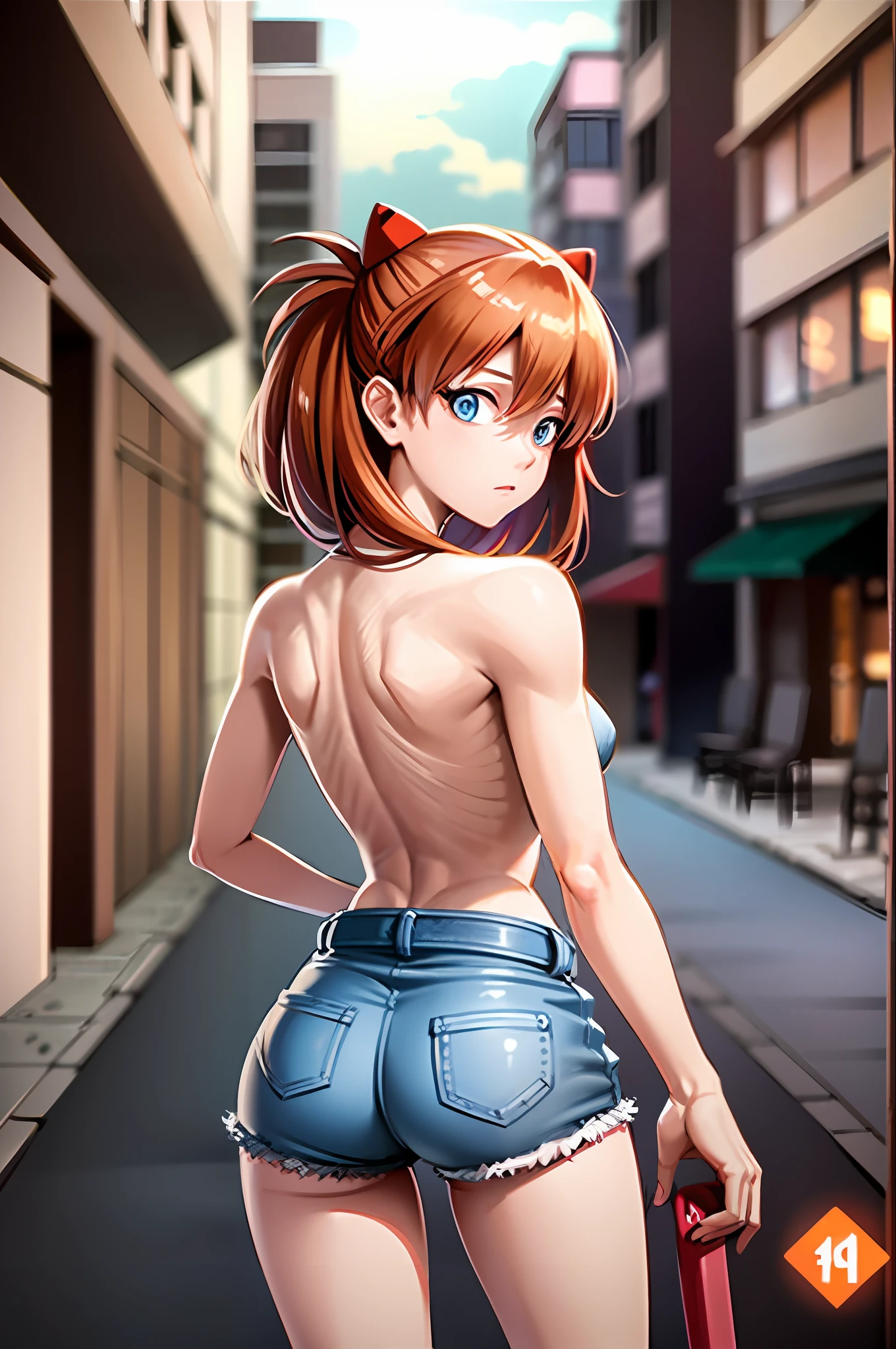 anime screencap, city, 1girl, solo, red hair, blue eyes, lustful, small breasts, closed mouth, ass, wide hips, short top, short shorts, unbuttoned shorts, walking, perfect legs, erotica, back, squatting