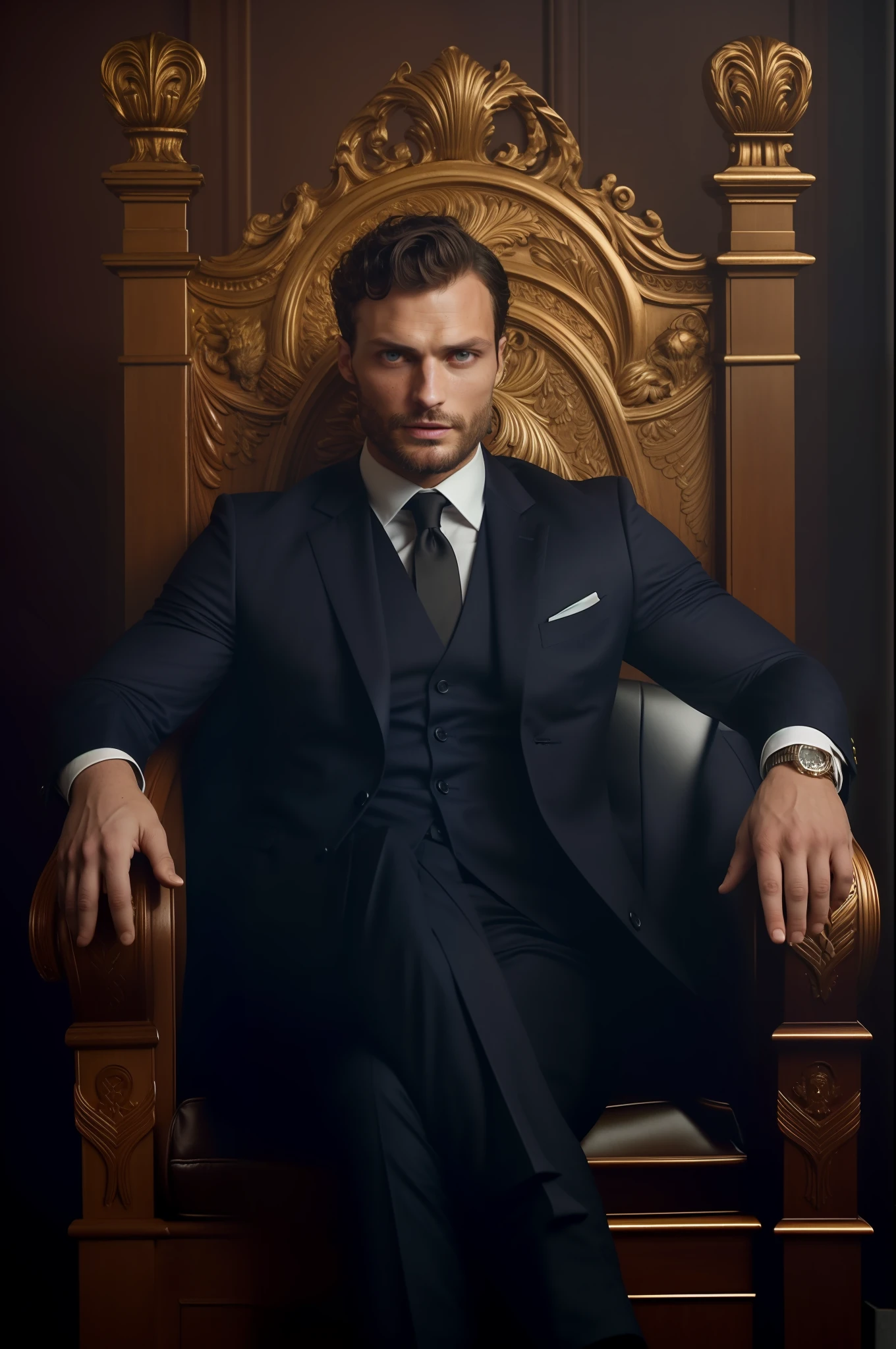 Create a Ceo wearing suit, symmetrical and beautiful eyes, stare fixed in the center of the image, details of the face, Jamie Dornan, very beautiful and attractive, black beard and detached, strong and muscular, dark short hair, tanned skin, 8k resolution, best quality, similar to actor Jamie Dornan, pe, close up.