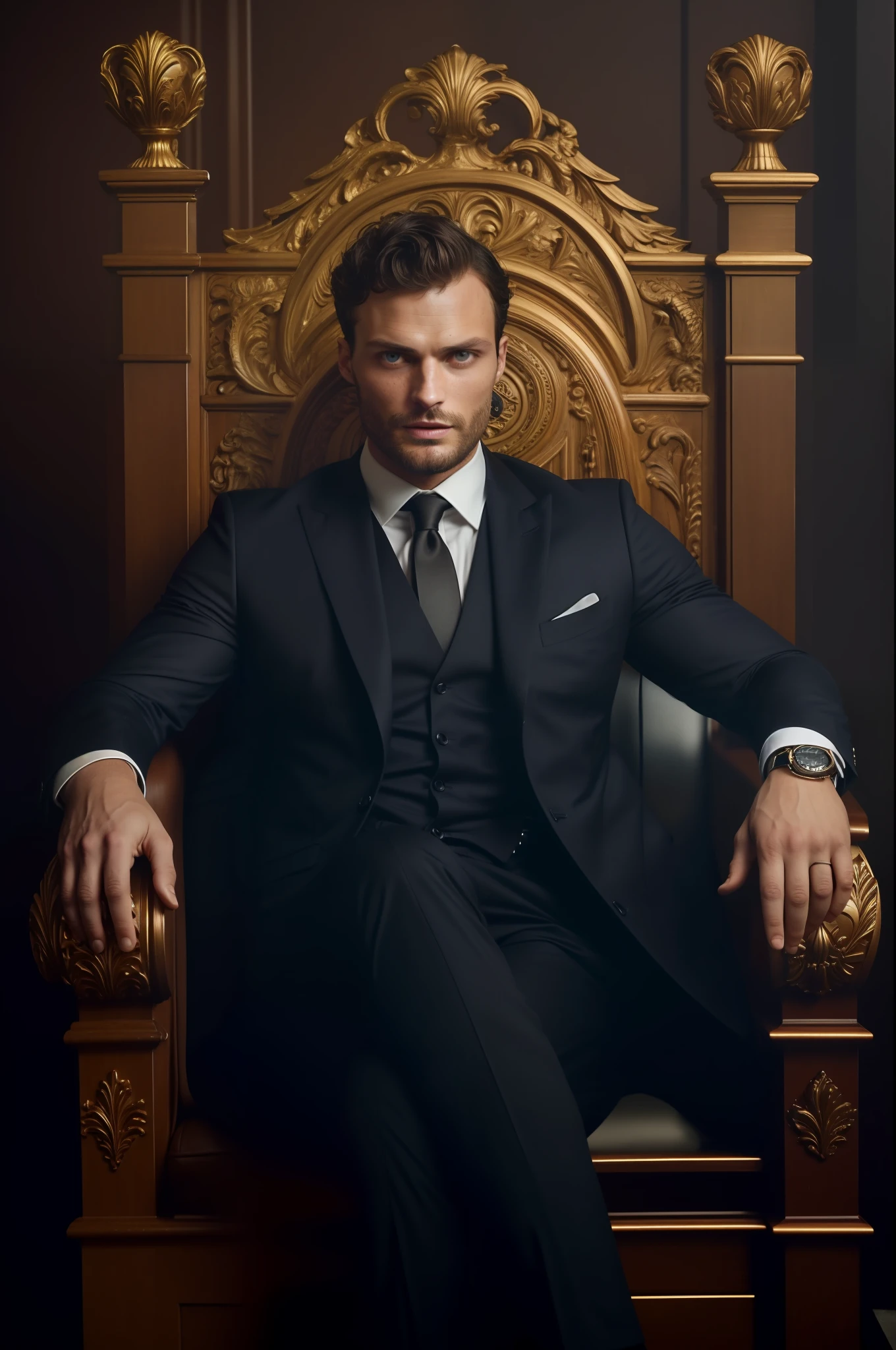 Create a Ceo wearing suit, symmetrical and beautiful eyes, stare fixed in the center of the image, details of the face, Jamie Dornan, very beautiful and attractive, black beard and detached, strong and muscular, dark short hair, tanned skin, 8k resolution, best quality, similar to actor Jamie Dornan, pe, close up.