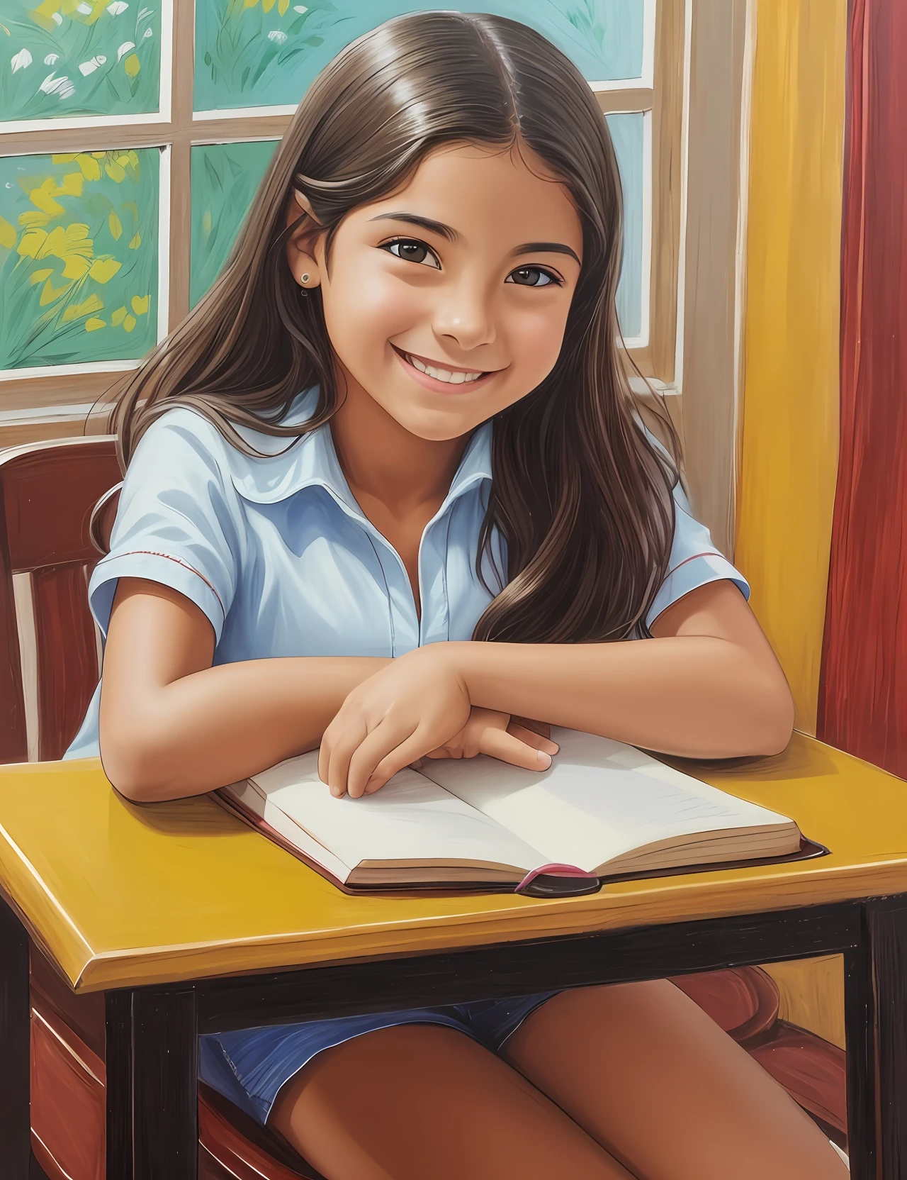 The image shows a girl sitting at a table, with a book and pencil in hand, appearing excited and smiling. She seems ready to study and learn, with an expression of enthusiasm on her face. In Nándor Katona’s painting “Sigara Aşırmak”, the girl is depicted as smiling and happy, with a captivating gaze that draws the viewer’s attention. She is beautiful and has a radiant smile, which brightens up the scene and conveys positivity. In “Girl Sitting at the Table” by Almeida Júnior, the girl is portrayed with a sweet and gentle smile, which conveys a sense of tranquility and peace. She seems to be enjoying the moment, feeling comfortable and safe in her study environment. In the image of Alanis Guillen, by Amelia Peláez, the girl is depicted with a confident and determined smile. She seems ready to face any challenge presented to her, with a firm gaze and courageous posture. Lorena Alvarez is also depicted smiling, in a relaxed and cheerful pose. She seems to be enjoying the moment, which conveys a sense of happiness and contentment to the viewer. In summary, the images depict girls smiling and happy, in different situations, which conveys a sense of positivity and optimism to the viewer. --auto --s2