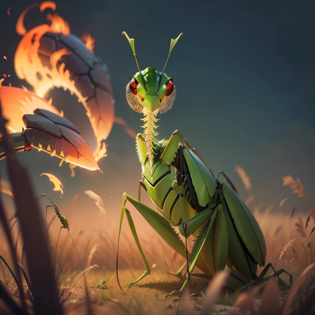 green giant mantis on burnt grass, fire in the background, dark sky --auto --s2